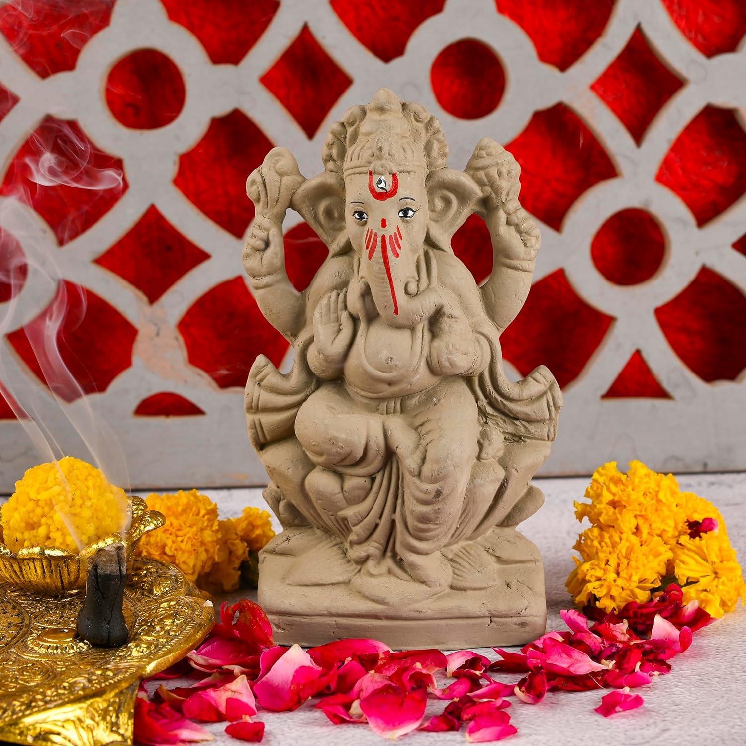 SAUDEEP INDIA 6 Inch Mitti Ganesh Idol | Eco-Friendly Handcrafted Mud/Clay Ganesh Murti | Ganpati Figurine for Visarjan | Biodegradable Lotus Ganesha Statue | Ganesh Chaturthi (Lotus Design)