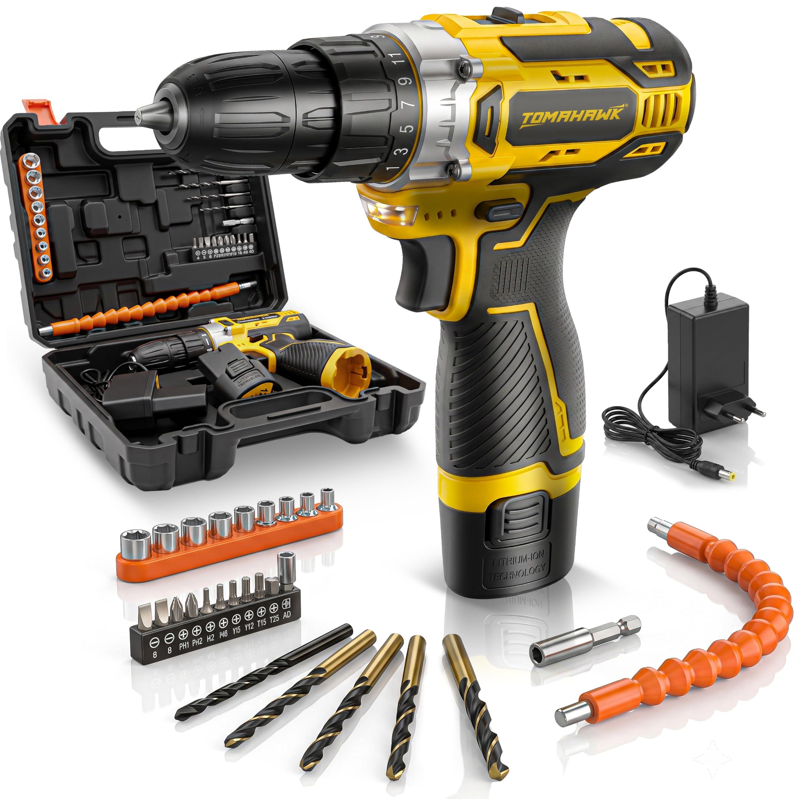 Tomahawk 12V Cordless Drill Machine & Screwdriver for Home | 10mm Keyless Chuck | 2-Speed 350/1350 RPM | 28 Nm, 25+1 Clutch | 1.5Ah Battery + Charger | LED Light