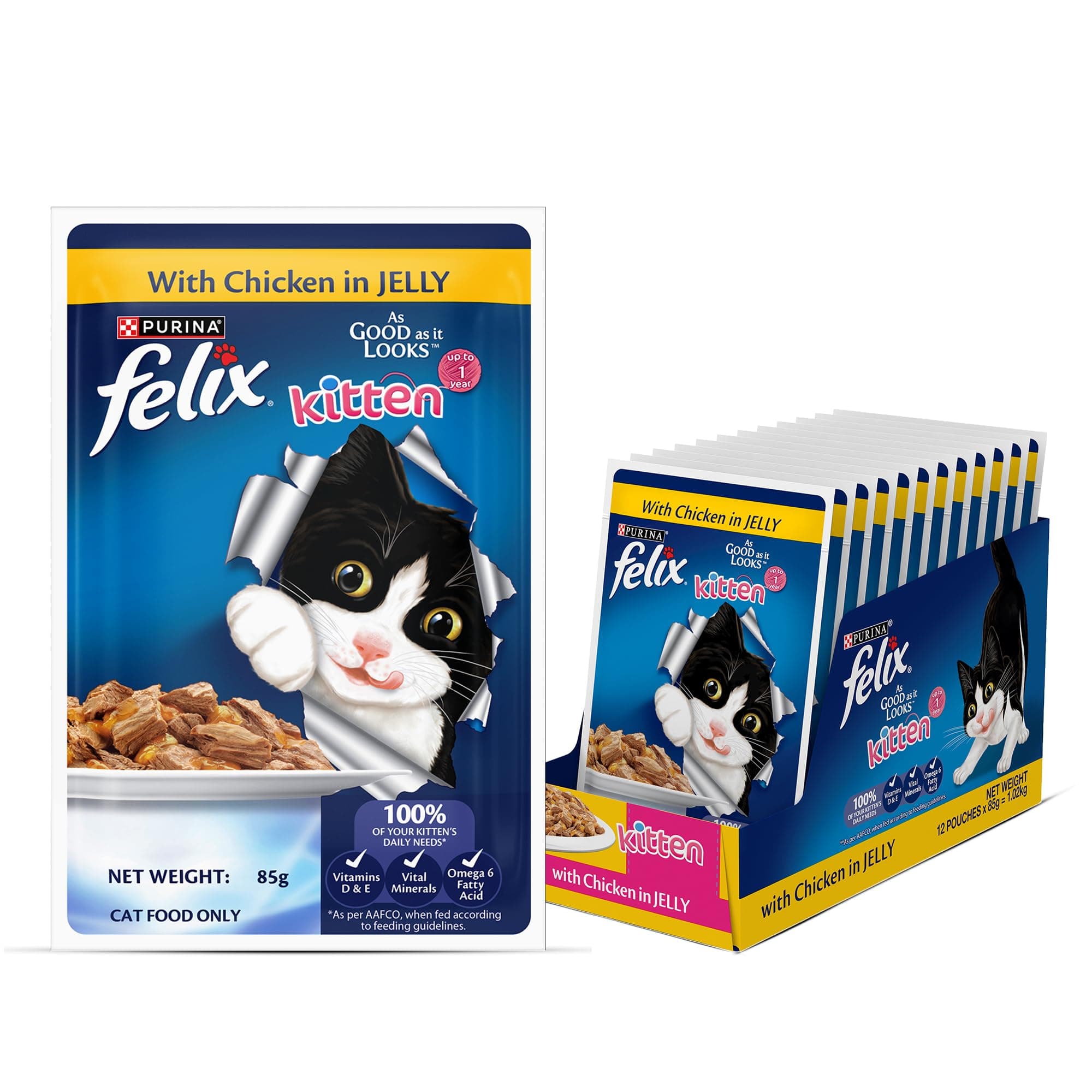 Purina Felix Chicken in Jelly, Wet Food for Kittens, Pack of 12 (12x85g)