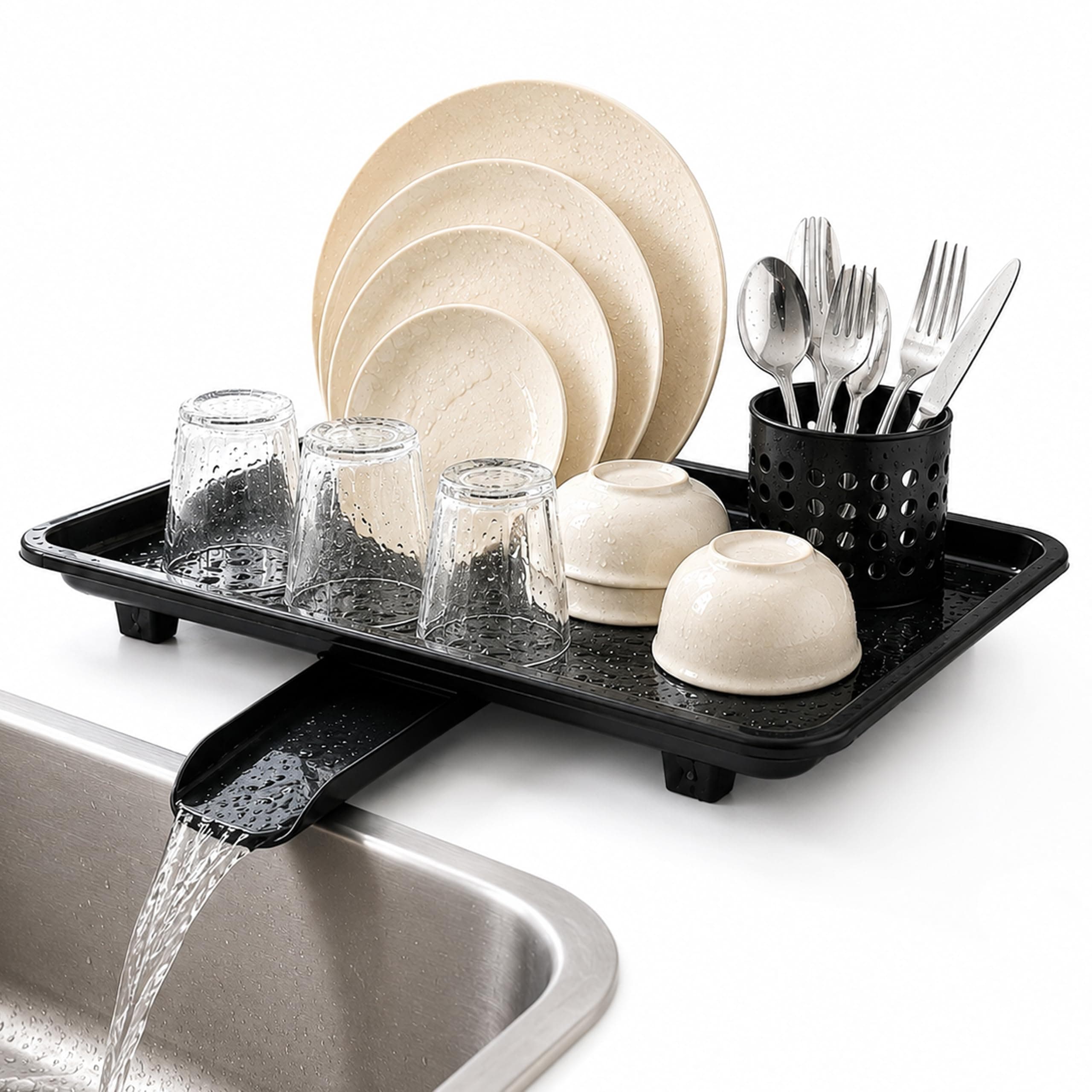 JD FRESH Dish Drainer Tray with Water Drain Spout/BPA-Free Plastic Utensil Drying Tray/Countertop Kitchen Sink Organizer with Wheels/Multipurpose Drying Stand for Kitchen (12 x 17 Inch, Black)