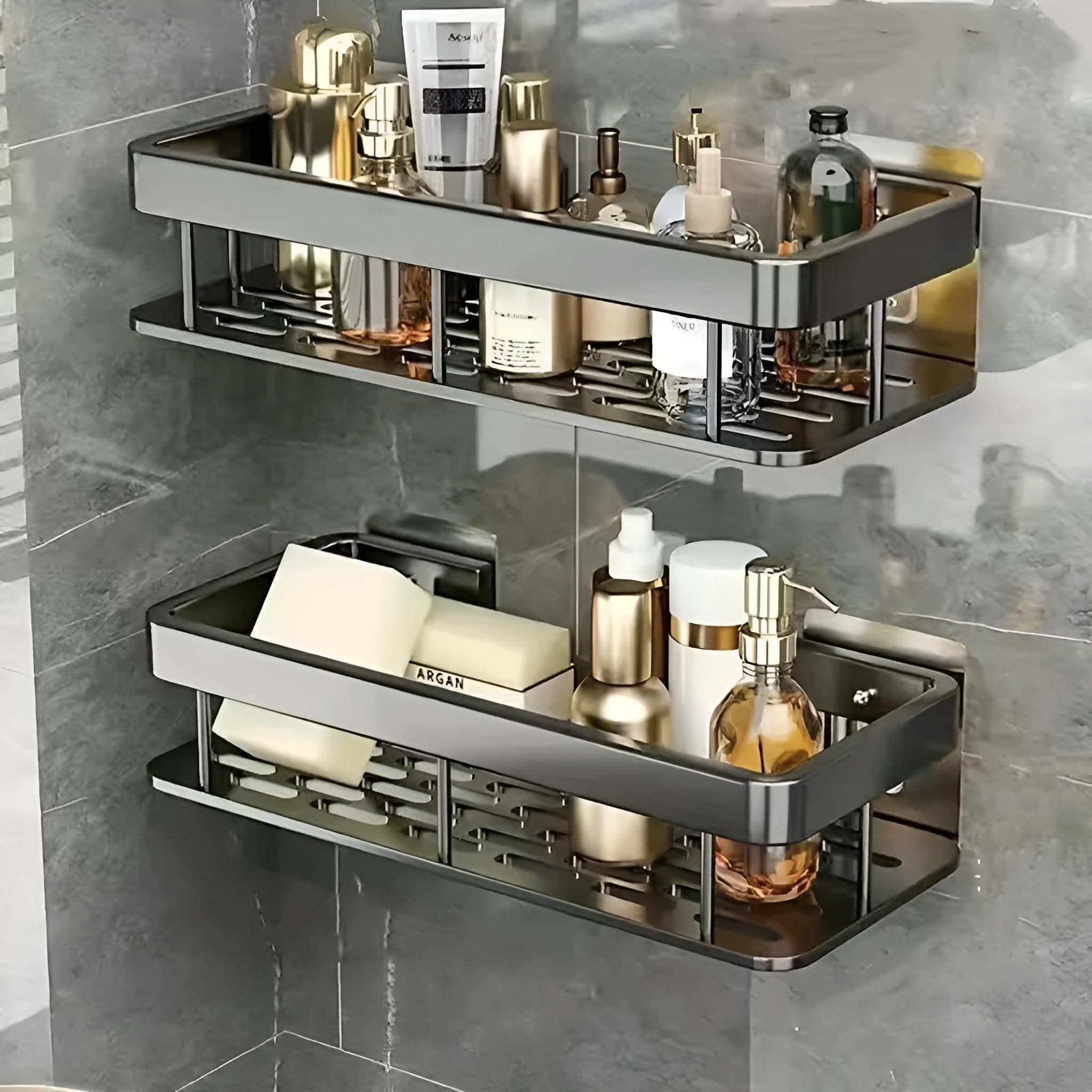 SquareUp Aluminium Pack of 2 Self Adhesive Bathroom Shelf for Wall Shelf Organizer Wall Mounted Bathroom Shelves Rack Holder Stand for Bathroom Accessories Organiser Without Drill (Pack of 2)