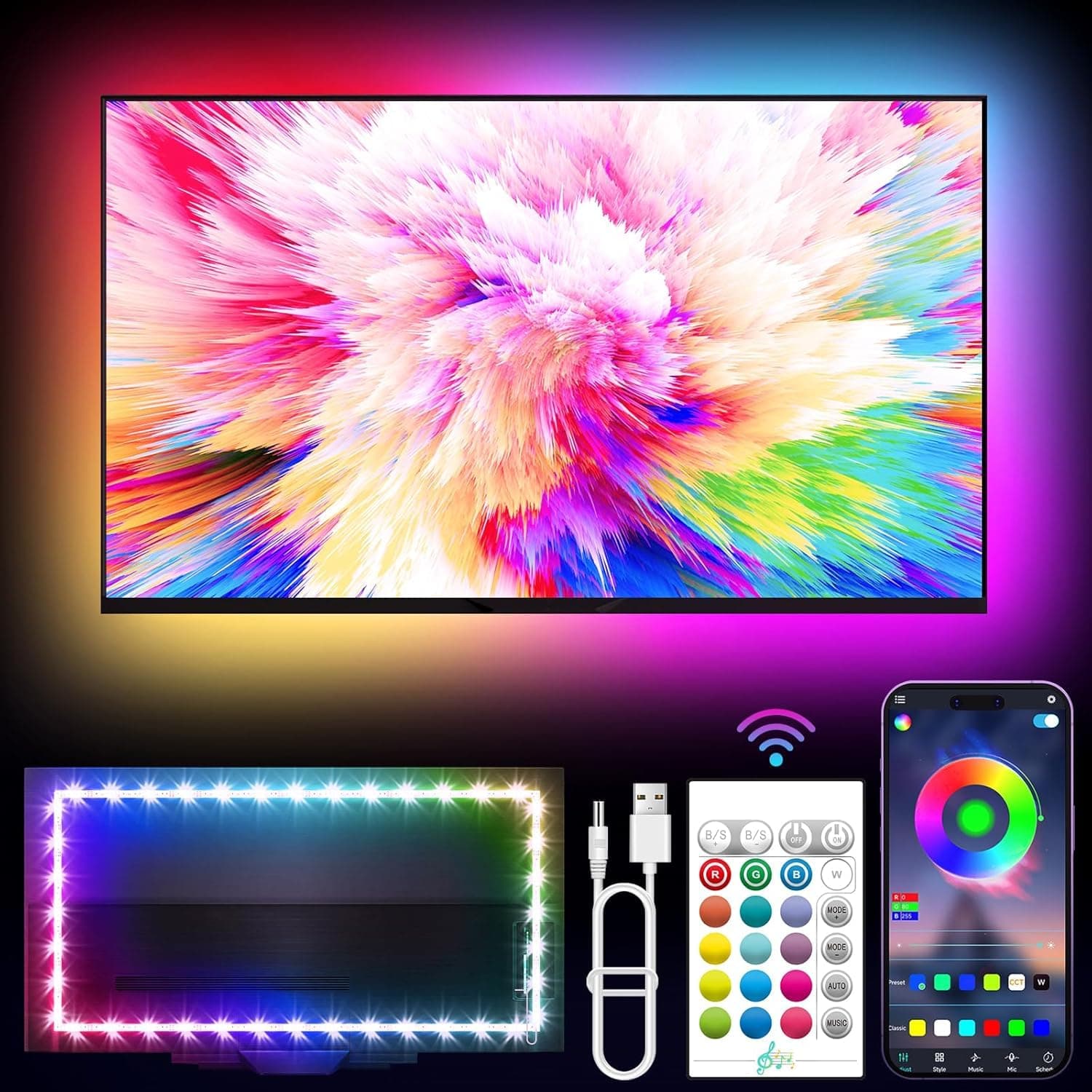 Gesto RGB LED Strip Light TV Backlight with App & Remote | 5V USB Powered Music Sync Light for 40-49" TV,PC,Laptop & Monitor | Multicolor Bias Lighting Kit for Gaming, Movies & Home Decor- 3 Meter