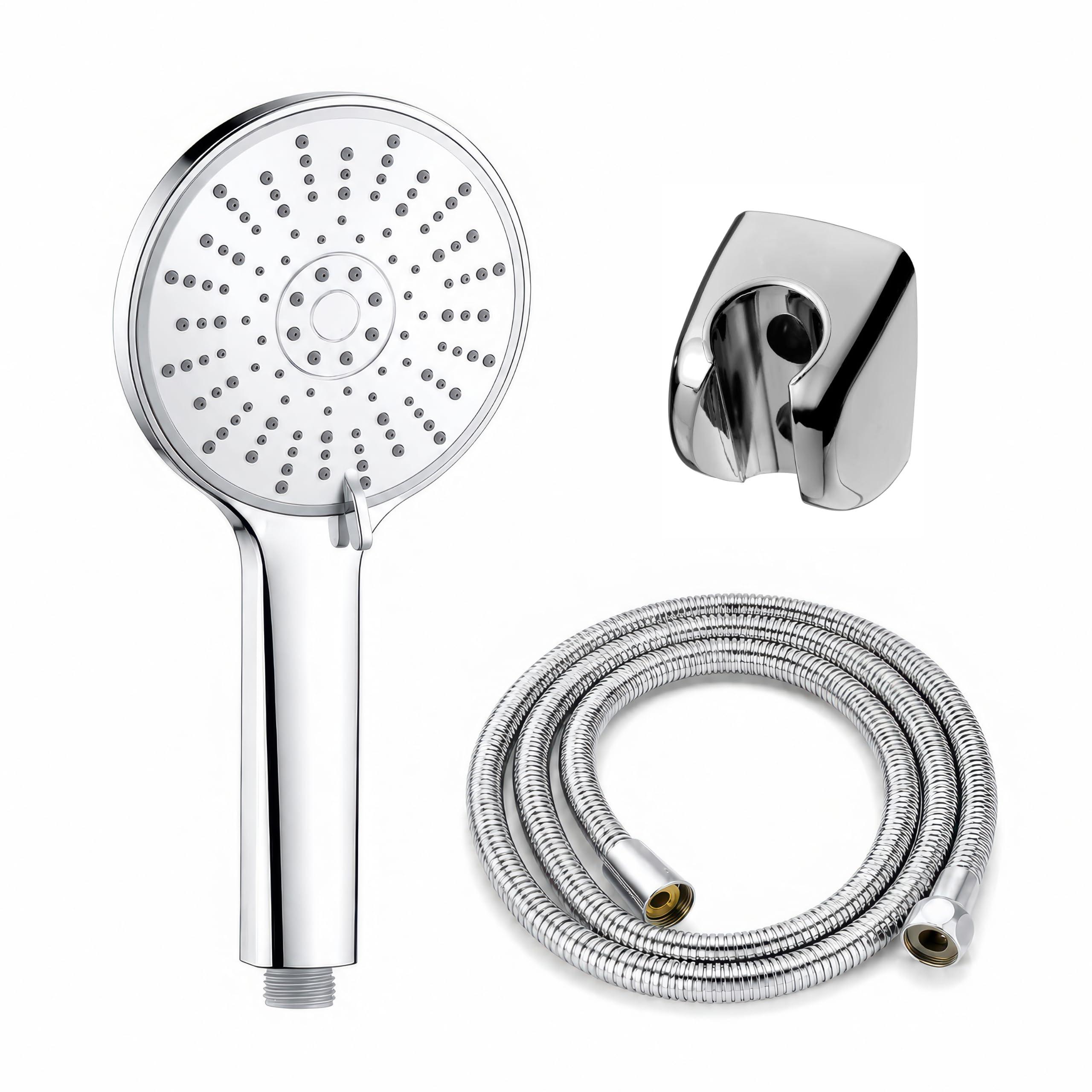 Amazon Basics 5 Function Hand Shower for Bath with 1m Tube & Wall Hook | Anti-Clog Silicone Nozzels with High Pressure | Handshower for Bathroom | Silver- Full Set