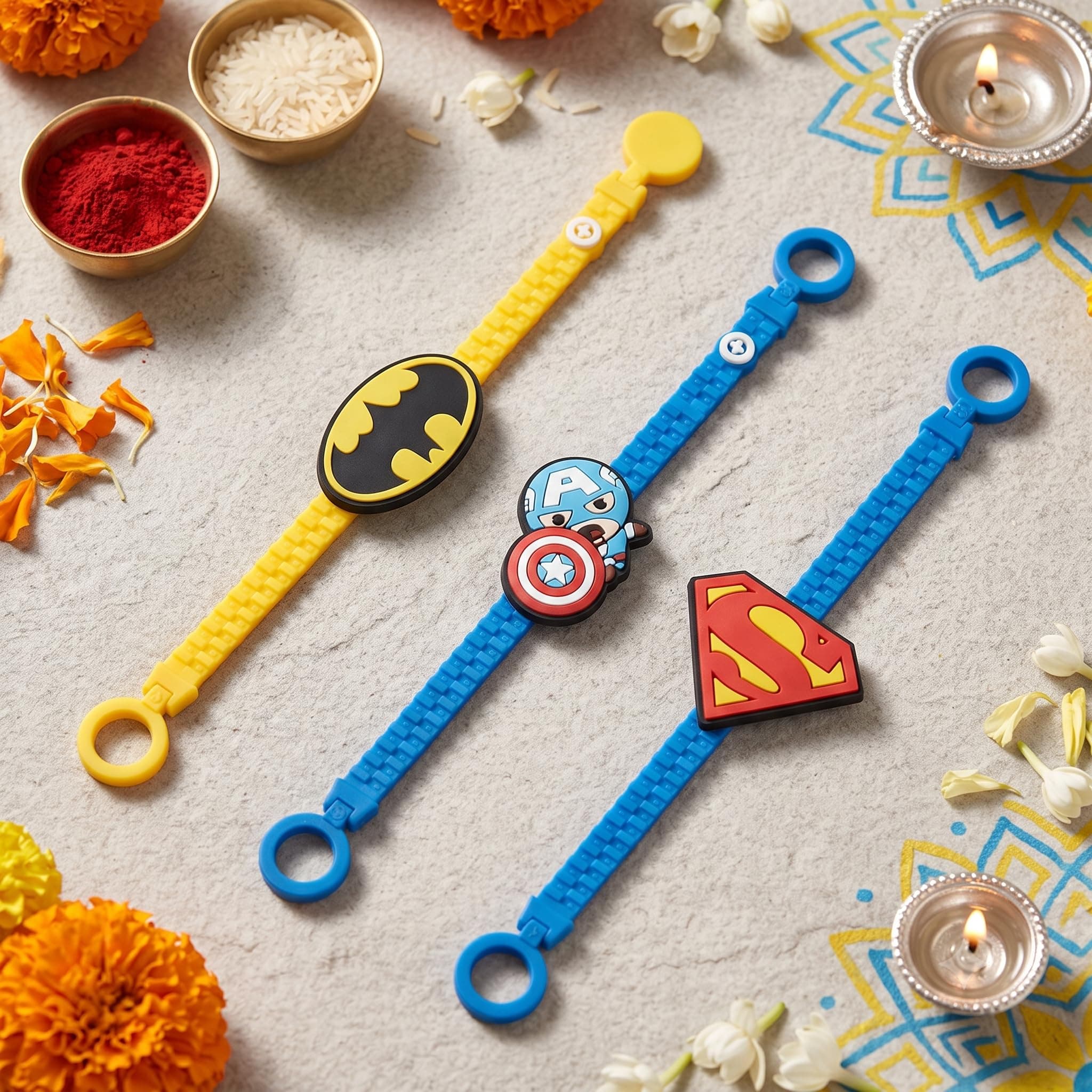 DC and Marvel Superheroes Slap Band Rakhi and Friendship Band Set | Pack of 3 | Batman Captain America Superman | Rakhi for Boys, Bhaiya, Bhai | Raksha Bandhan Gift