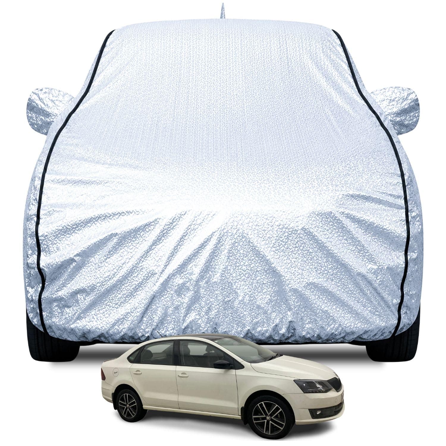 FABTEC Waterproof Car Body Cover for Skoda Rapid New with Mirror and Antenna Pocket, Soft Cotton Lining, Triple Stitched (Heat Resistant Metallic Silver with Black Piping)