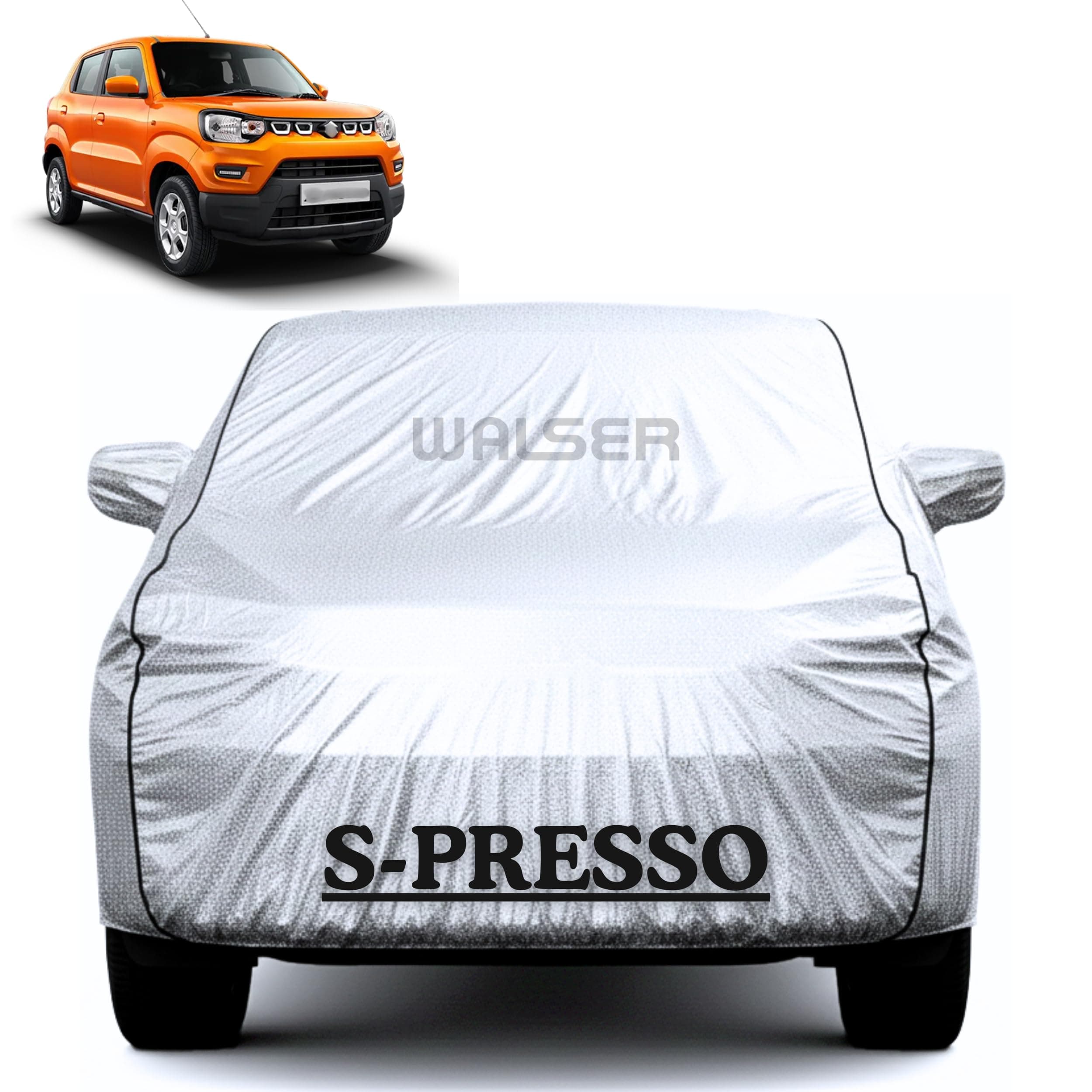 Waterproof Car Cover for Maruti Suzuki S-Presso | Full Body Protection | Dust Proof, UV & Scratch Resistant Inner Cotton | Triple Stitched | Elastic & Belt Fit | Mirror & Antenna Pocket | Magic Silver