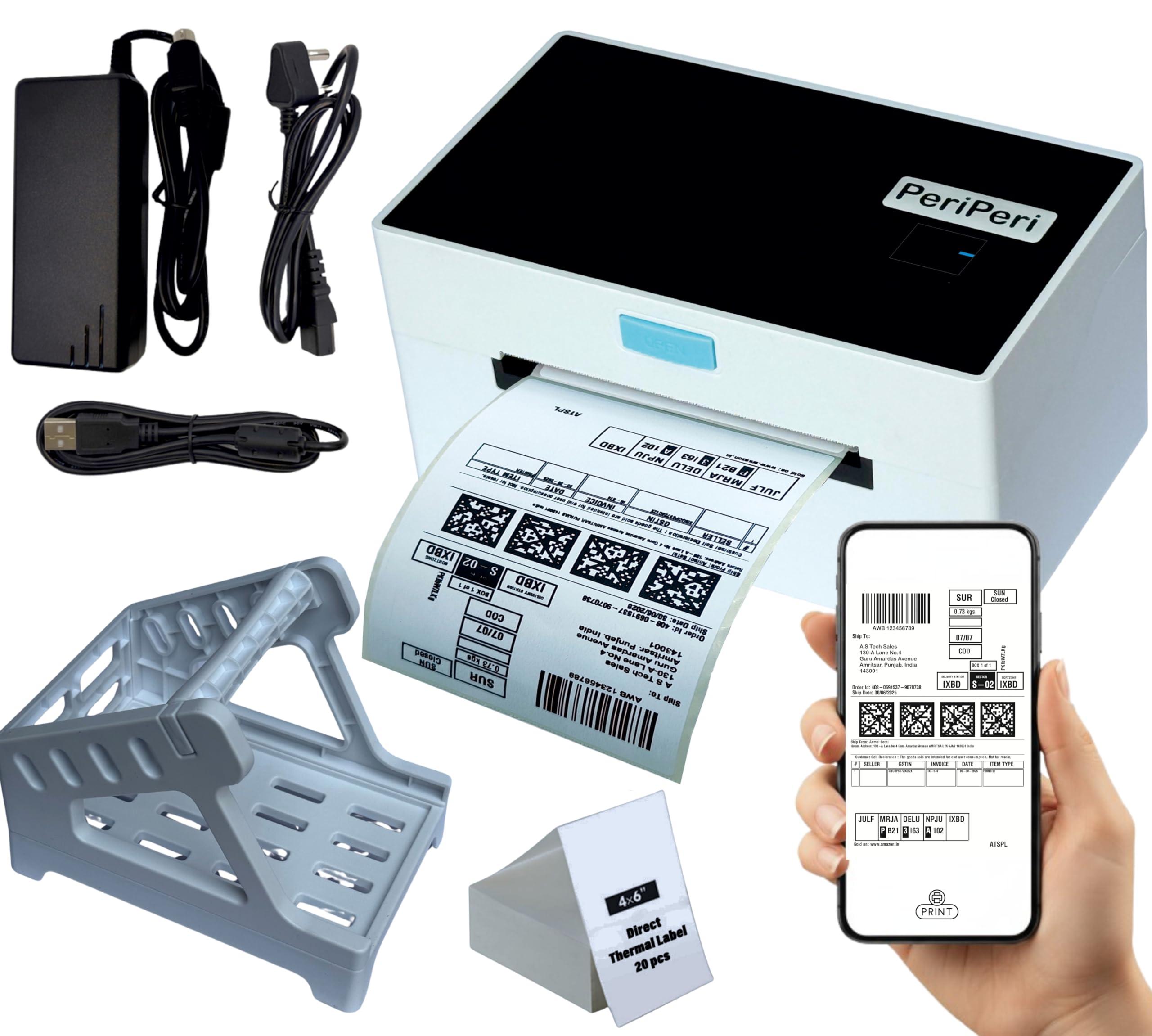 PeriPeri S1 4x6 USB+BT Direct Thermal Label, Barcode Printer with Stand Support All Label Sizes, Copatible with Mobile & Computer 161mm/s Printing Speed (1Year Warranty)