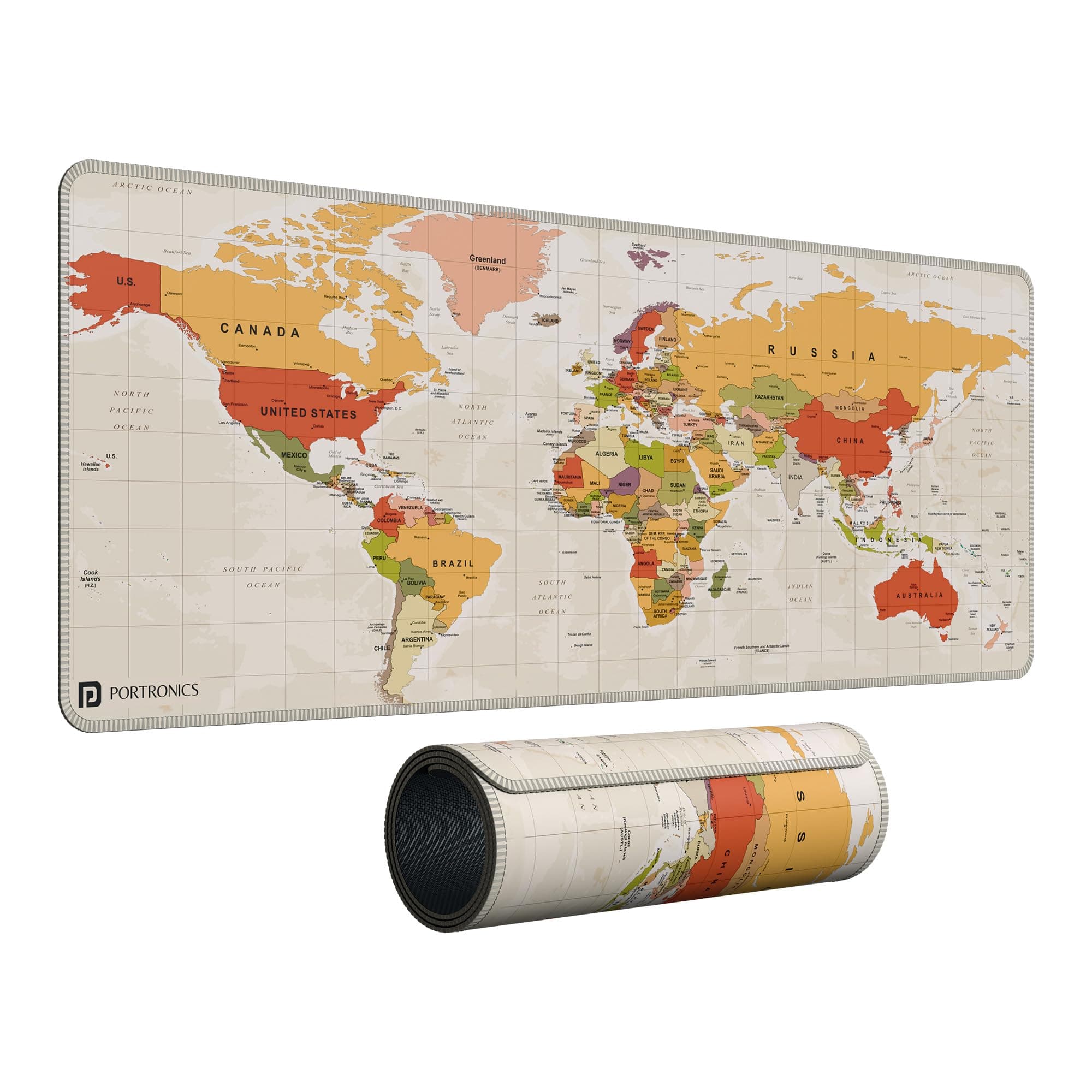 Portronics Comfipad Atlas World Map Desk Mat 80x30cm Extended Mouse Pad with Anti-Slip Rubber Base, Stitched Edges, Smooth Fabric Surface, Waterproof, Rollable Desk Pad for Office, Gaming, Beige