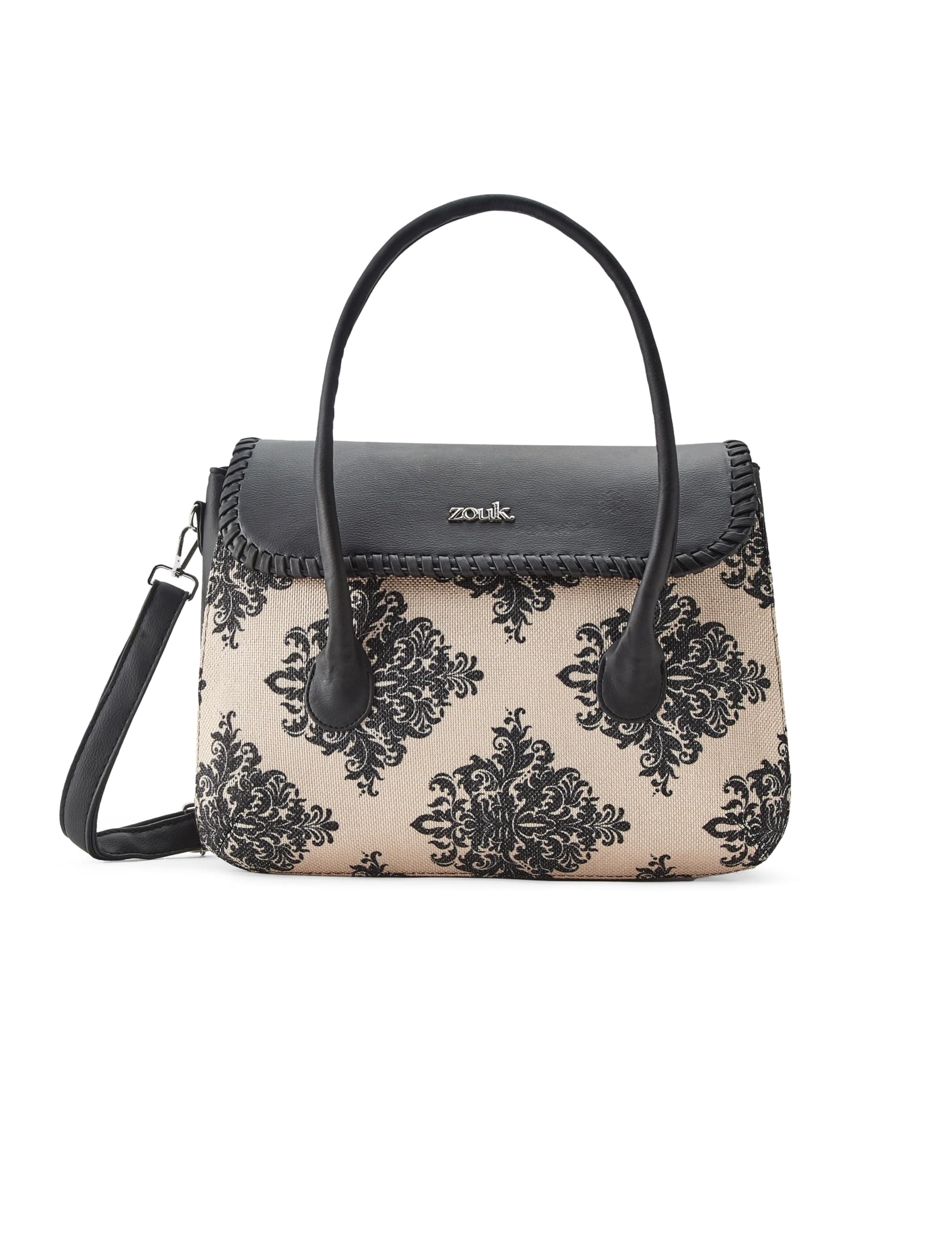 ZOUK Mughal Motif Printed Jute Handcrafted Vegan Leather Cream and Black Women's Satchel Bag | Ladies Purse Handbag | Double Handle Detachable Strap