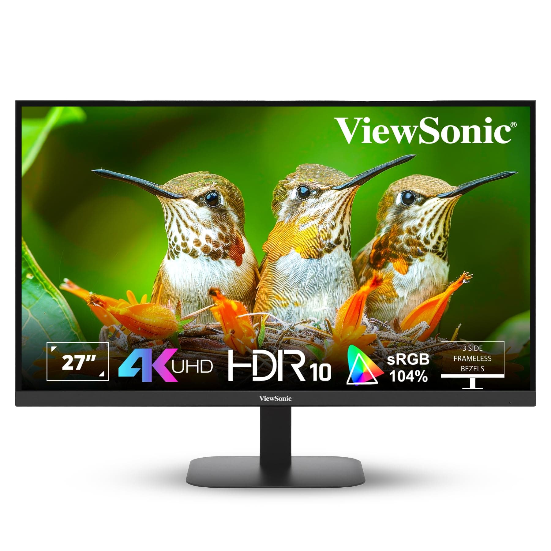 ViewSonic VA2708-4K-MHD, 27-inch (68.58cm) 4K UHD Monitor, SuperClear® IPS, HDR10, sRGB 104%, 1.07B Colors, Dual Speakers, Dual HDMI 2.0, DP, Eye ProTech+, 3-Sided Frameless, Slim Design