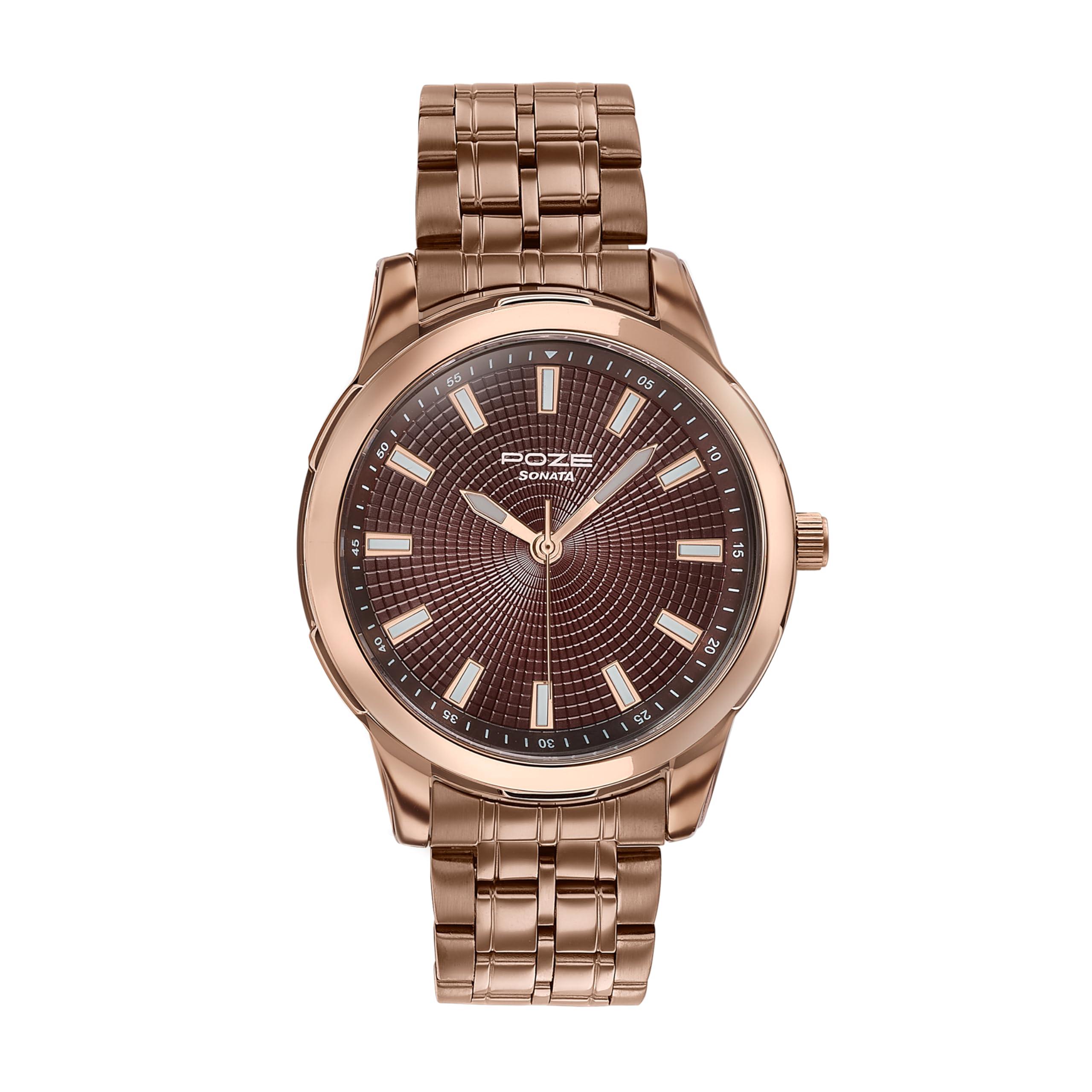 Sonata Poze 6 Cinnamon City Gents Quartz Brown Round Dial Men's Watch | Stainless Steel Strap Material | Watches for Men Analog - SP70080KM02