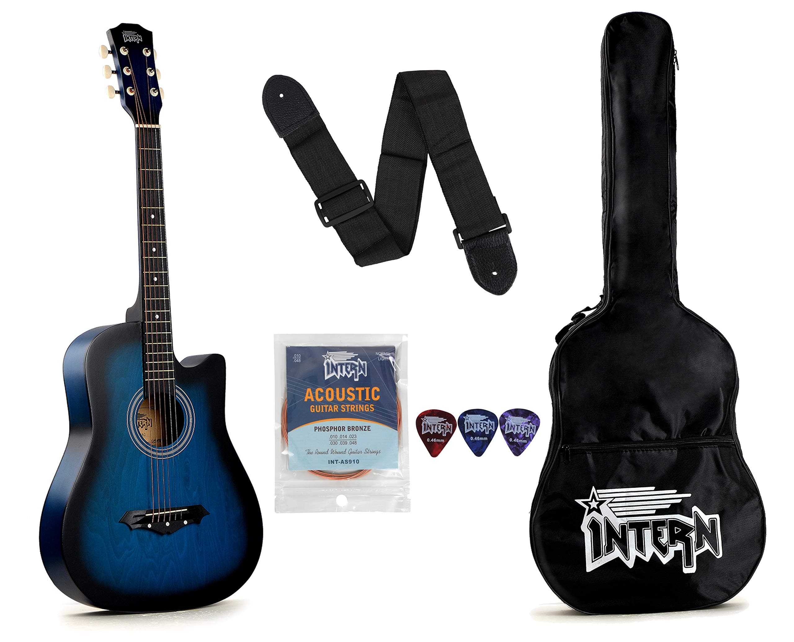 Intern Right hand Acoustic Guitar Kit, With Bag, Strings, Pick, Strap and String Winder (Blue, 38 Inch)