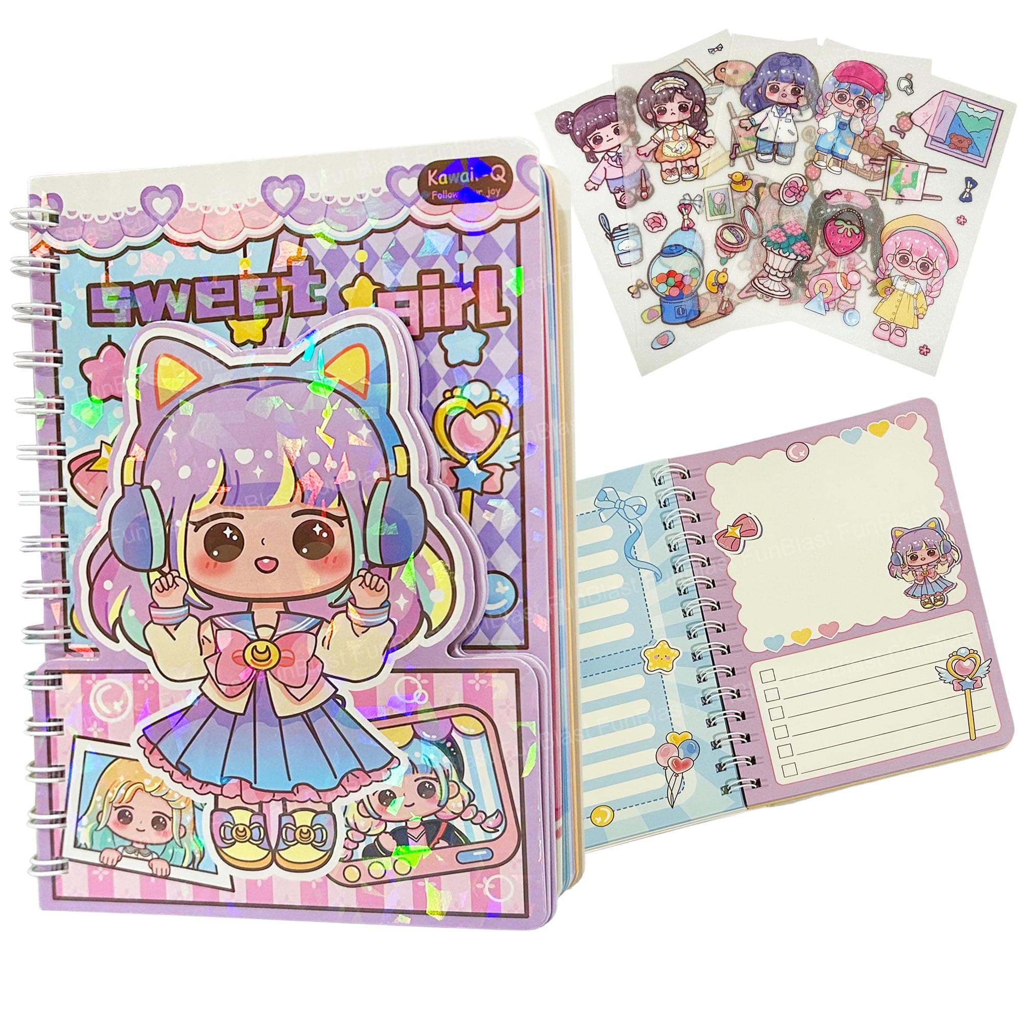 FunBlast Spiral Diary A5 – Sweet Girl Diary with Kawaii Stickers, Notebook Journal for Scrapbooking, Writing, Notes, Birthday Gift's for Kids & Adults, Multicolour; 180 Pages (Sweet Girl-Random)