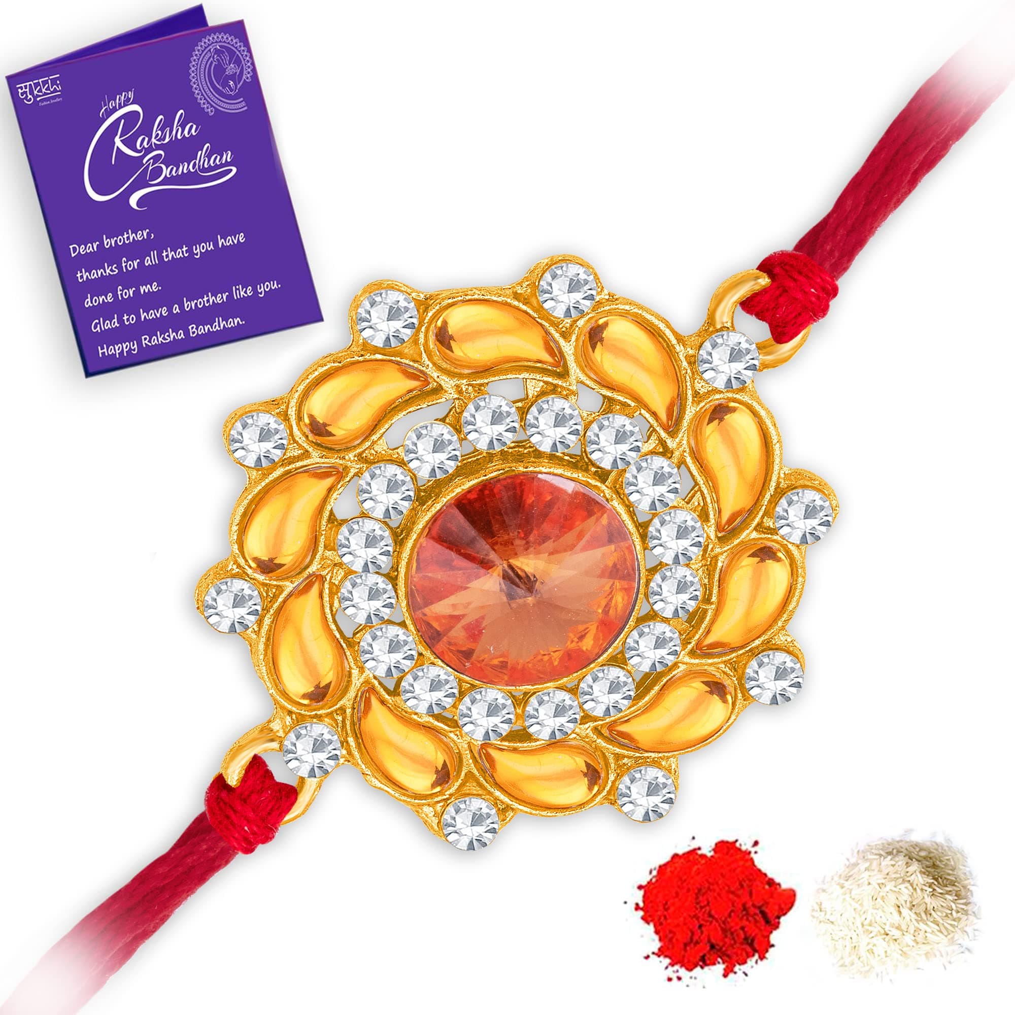 Sukkhi Mens Rakhi for Brother Ravishing Kundan Designer Gold Plated with Roli Chawal & Greeting Card|RAK104499
