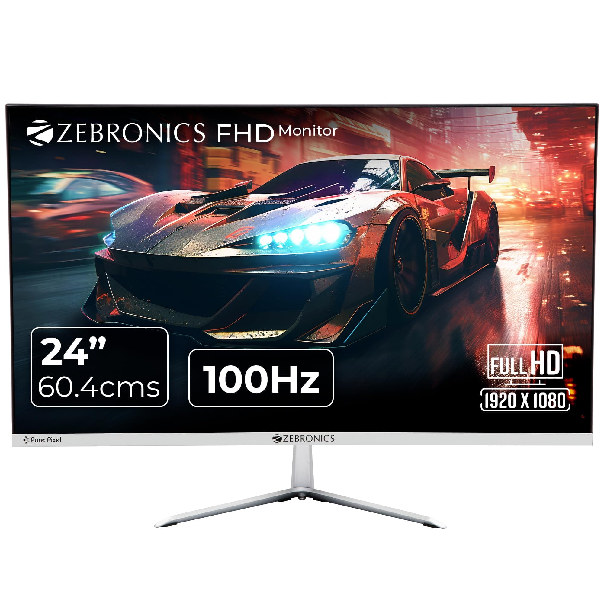 ZEBRONICS A24FHD LED Monitor, 24 inch (60.96cm), 250 nits, 100Hz, Slim Design, FHD, 1080p, Wall Mountable, HDMI, VGA, Ultra Slim Bezel, Metal Stand, Built-in Speakers