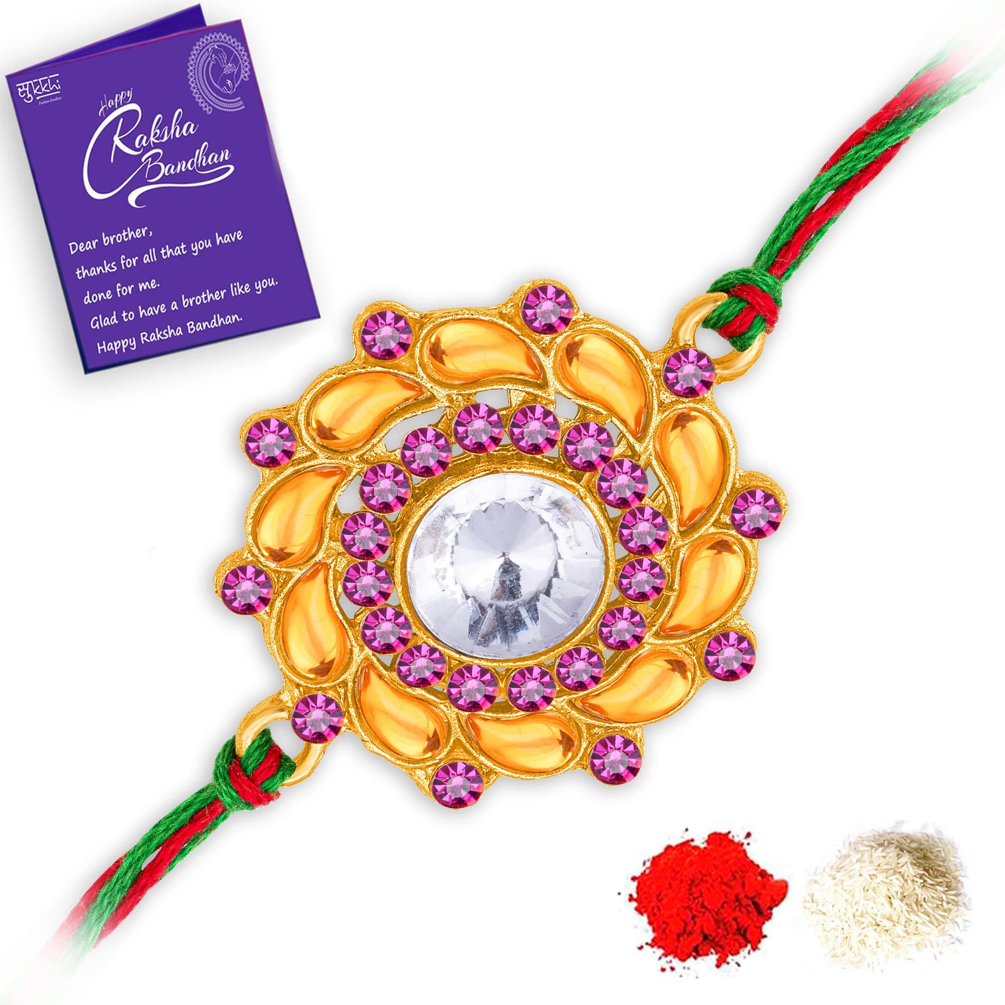Sukkhi Mens Rakhi for Brother Artisanal Kundan Designer Gold Plated with Roli Chawal & Greeting Card|RAK104498
