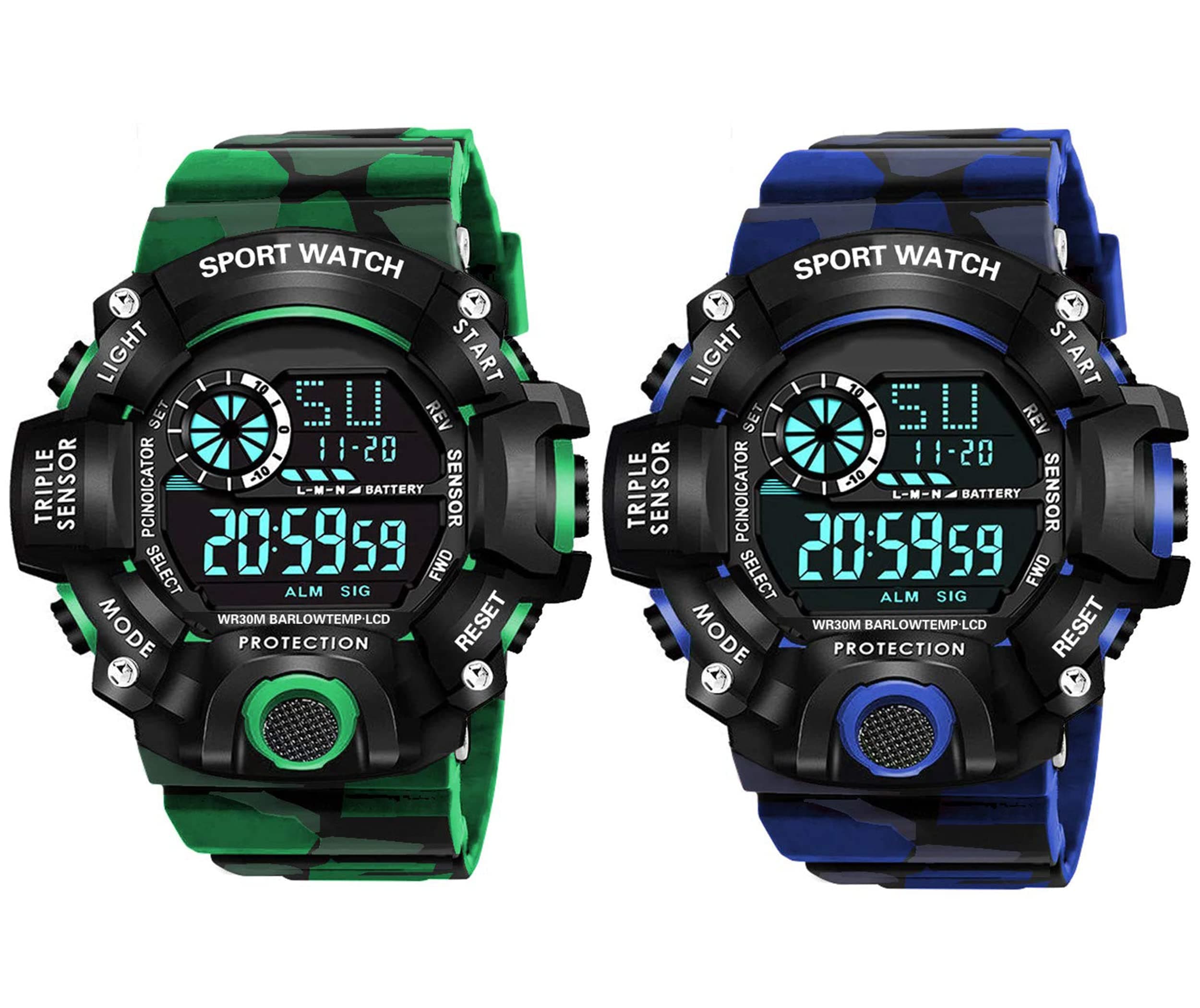FROZIL Digital Plastic Watch Shockproof Multi-Functional Automatic Army Green Blue Color Strap Waterproof Digital Sports Combo Watch For Men's Kids Watch For Men Pack Of-2