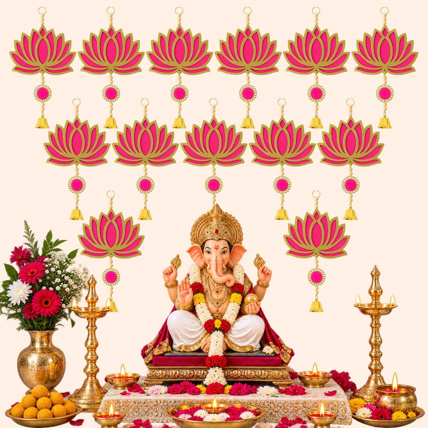 Panchhi Store Ganpati Decoration Items for Home, 12 Pcs Pink Lotus Hanging with Bell, Ganesh Festival Pooja Mandir Door Wall Decor, Diwali Janmashtami Navratri Decoration