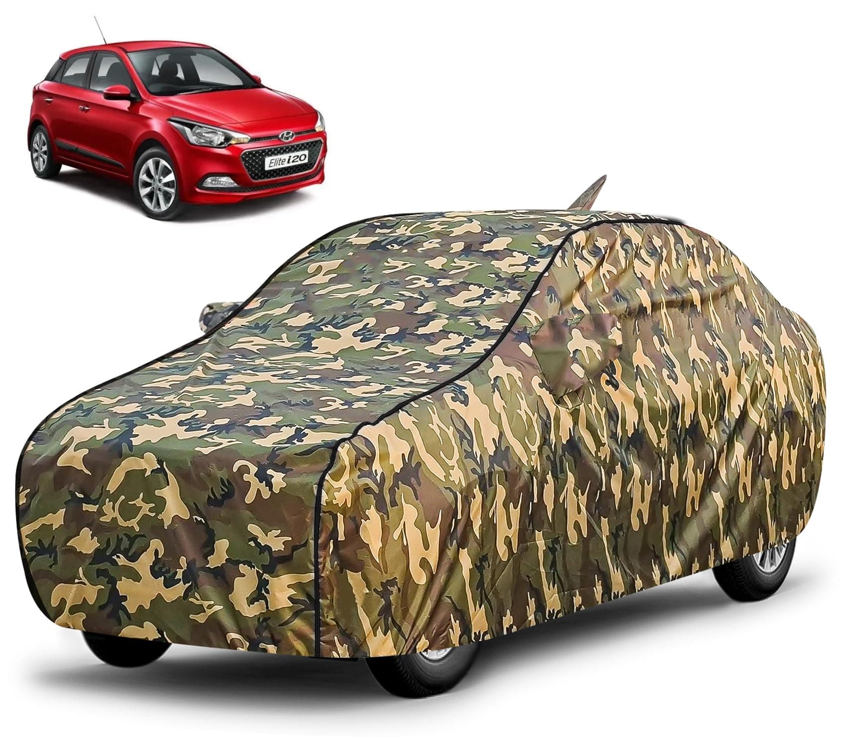 FABTEC Waterproof Car Body Cover for Hyundai Elite i20 with Mirror and Antenna Pocket, Triple Stitched (Military, Jungle Print, Camouflage Design)