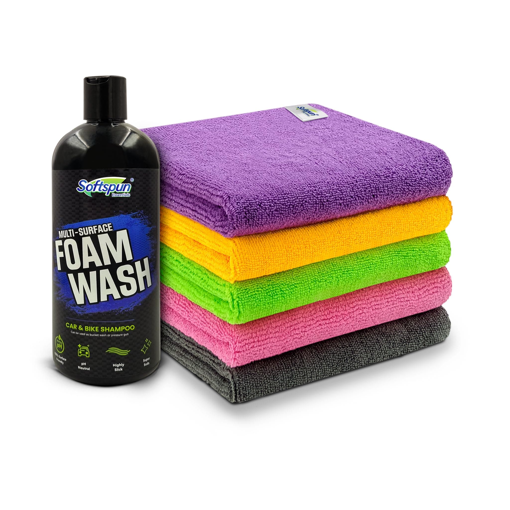 SOFTSPUN Microfiber 340gsm 5pcs 40x40cm Multicolor + 500mL Car & Bike Premium Liquid Shampoo Combo | Extra Suds, Removes Tough Dirt & Grime | pH Neutral | Works with Bucket & Foam Cannon