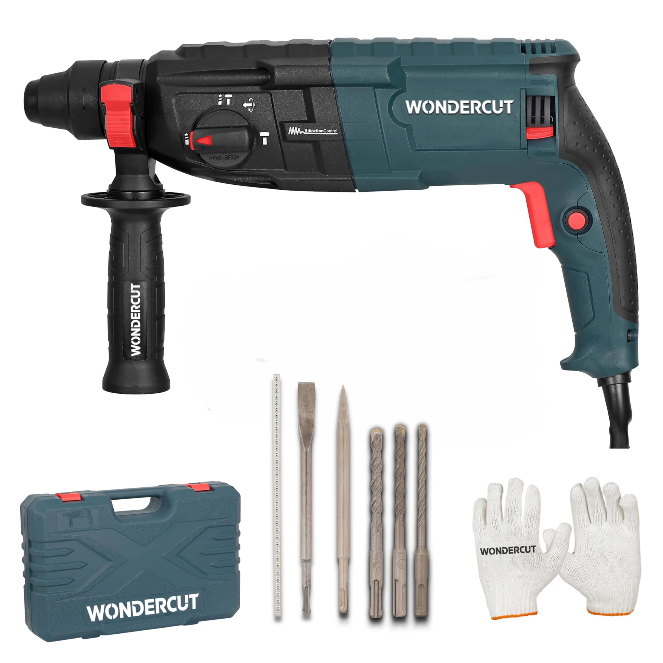WONDERCUT WC-RH-26-B Corded Electric Rotary Hammer with 26mm SDS Plus,1600W Copper Armature,5 Functions with Vibration Control, With Bmc Box,3 Drill Bits,2 Chisel,1 Metal Depth Gauge | Blue & Black