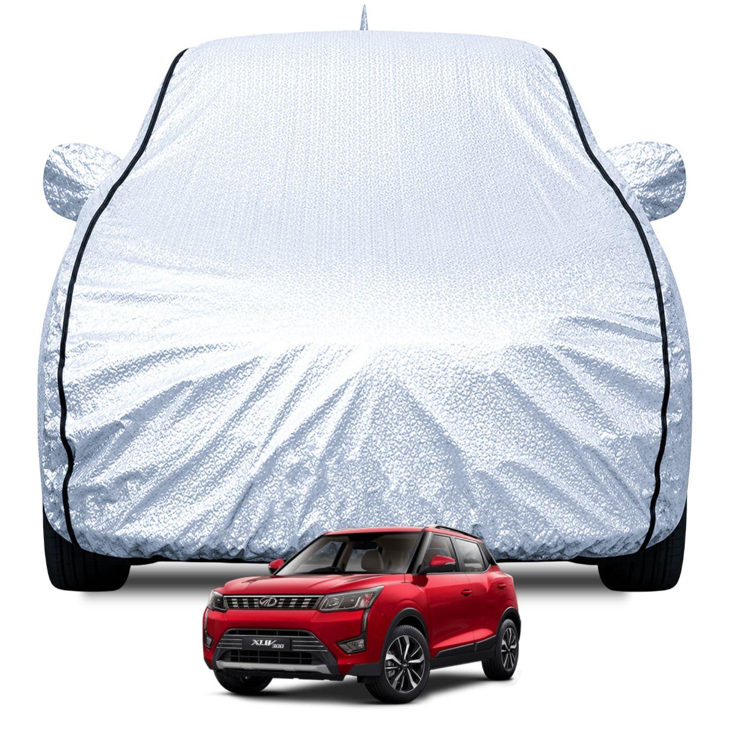 FABTEC Waterproof Car Body Cover for Mahindra Xuv 300 with Mirror and Antenna Pocket, Soft Cotton Lining, Triple Stitched (Heat Resistant Metallic Silver with Black Piping)