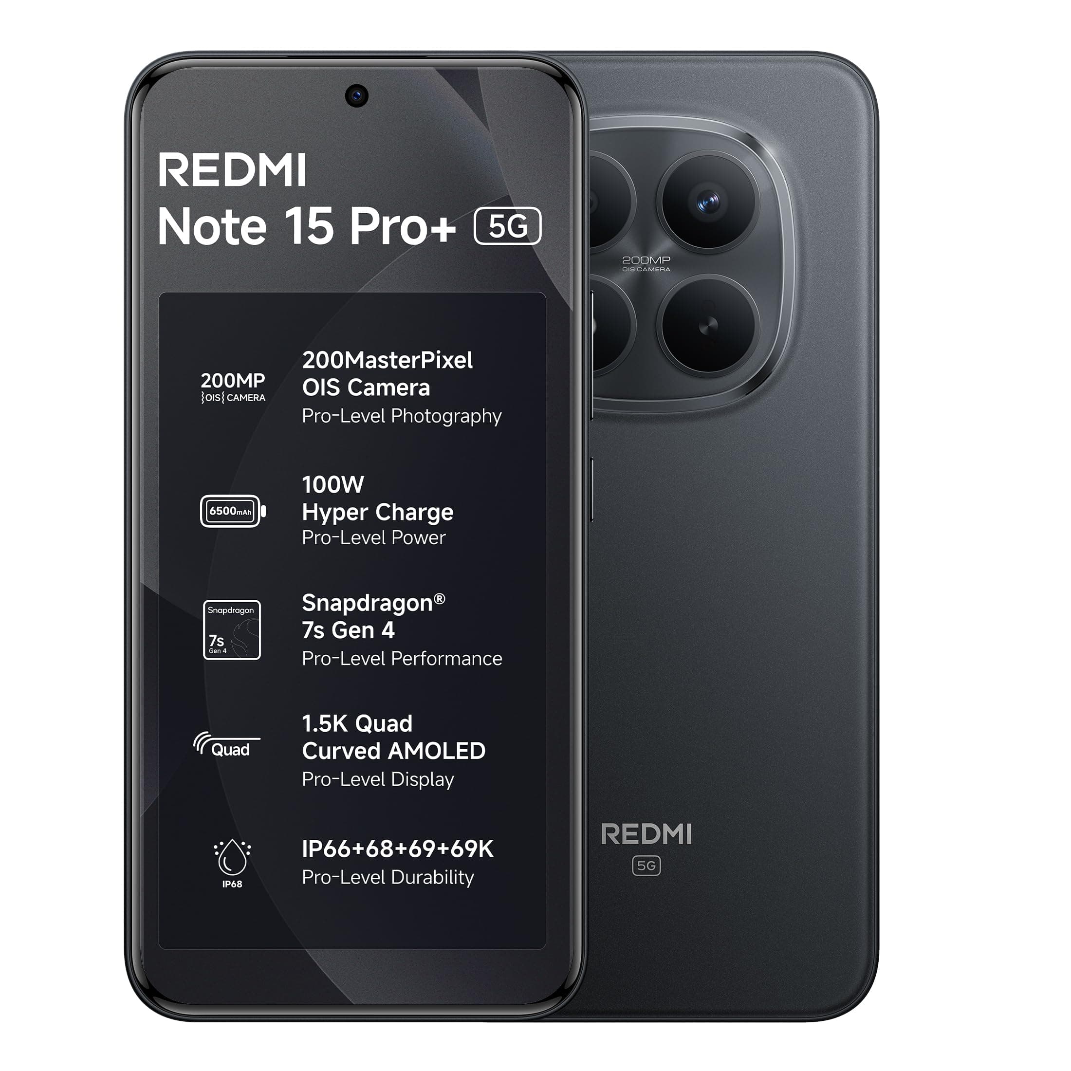 REDMI Note 15 Pro+ 5G (Carbon Black, 12GB + 256GB) | 200MasterPixel OIS Camera | Snapdragon 7s Gen 4 | CrystalRes AMOLED | IP69/69K | 6500mAh Si/C Battery | 100W HyperCharge