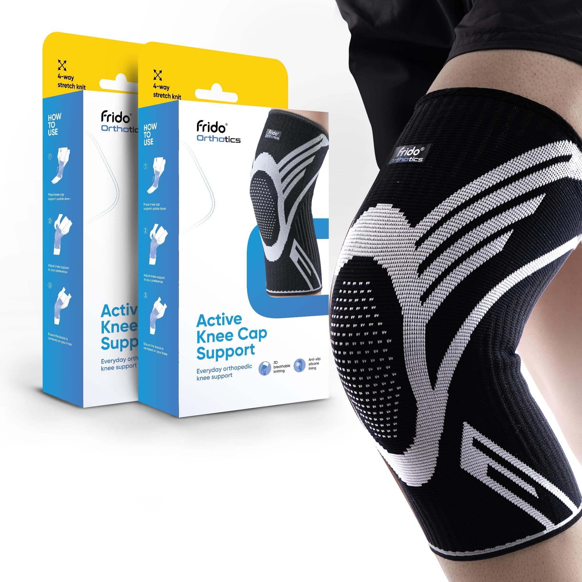 Frido Active Knee Cap Support for Men & Women | Active Compression for Pain Relief & Joint Support | Knee Sleeve for Gym, Running, Jogging, Sports & Workout | Anti-Sweat Knee Brace (2 Pair) Black, Medium