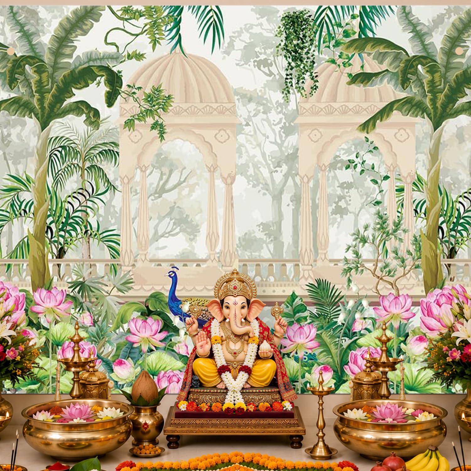 Party Propz Pichwai Backdrop Cloth For Decoration Pooja -1Pc 8ft*5ft Ganpati Decoration Setup For Home, Varamahalakshmi Decorative Items, Krishna Janmashtami Set, Haldi Decor, Annaprasana Decor(Cloth)
