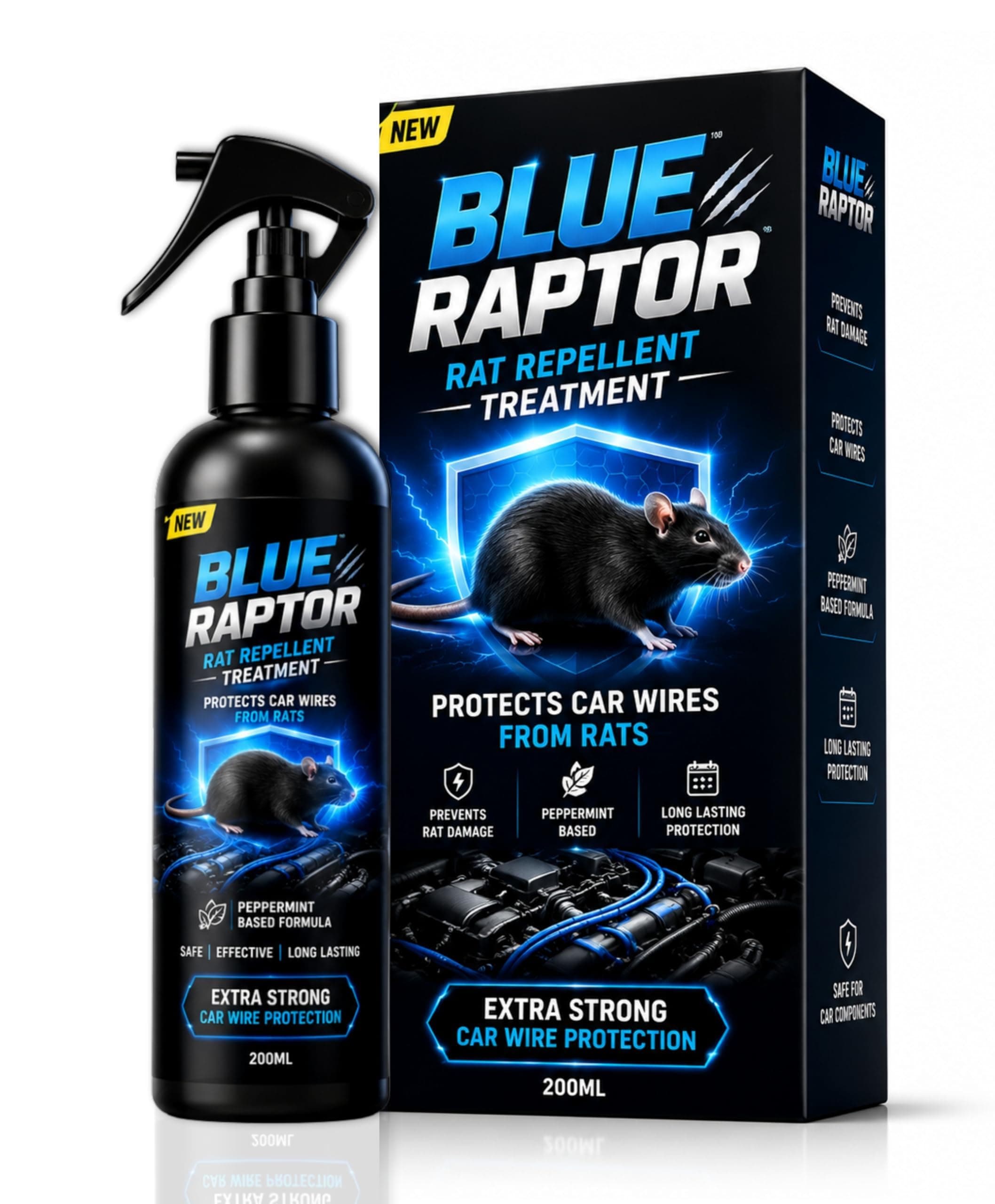 BLUE RAPTOR Rat Repellent Spray (200 ml) for Cars & Bikes | No Killing | No Poisoning | No Trapping | No Mask Required | Unique Blend of Natural Active Ingredients | Pleasant Smell | FORMULATION 3X