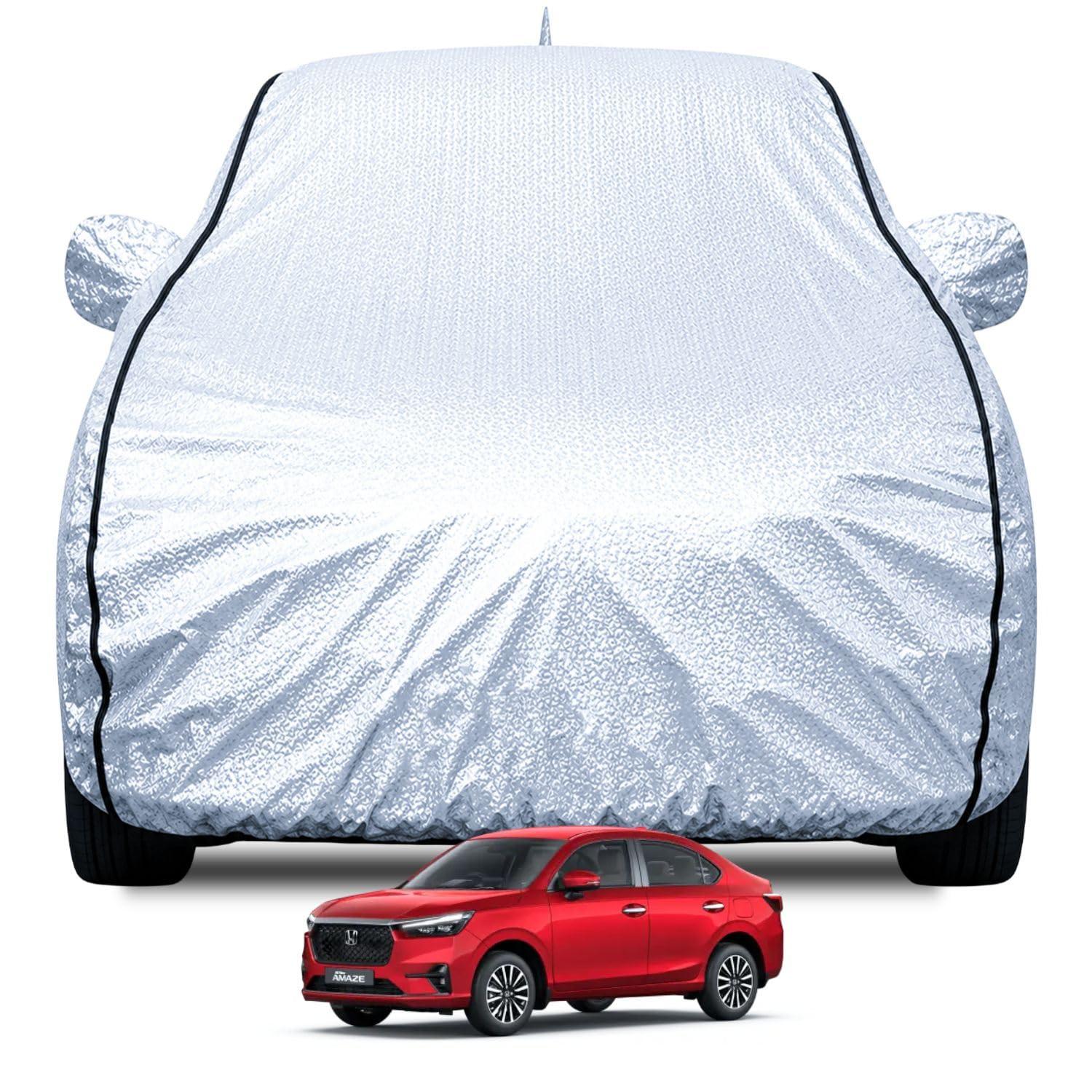 FABTEC Waterproof Car Body Cover for Honda Amaze (2018-2024) with Mirror and Antenna Pocket, Soft Cotton Lining, Triple Stitched (Heat Resistant Metallic Silver with Black Piping)