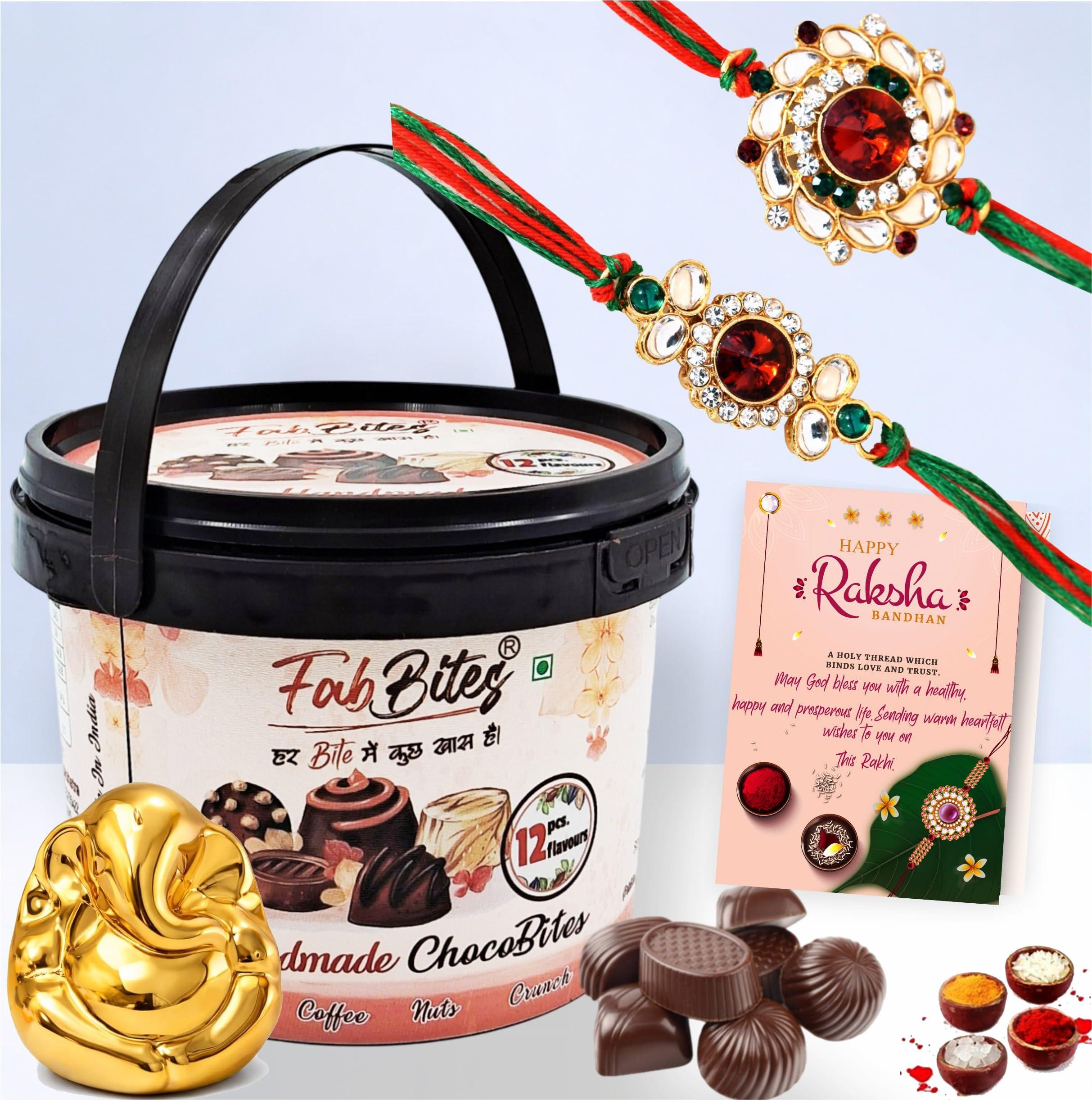Rakhi Set of 2-Kundan Rakhi Gift Set for Brother with 12 Vareity Chocolate Box, Elegant Ganesh Ji Idol Gift Set,Roli,Chawal,Rakhi Greeting Card-Super Sweet Rakhi Gift Hamper Box for Brother Bhabhi