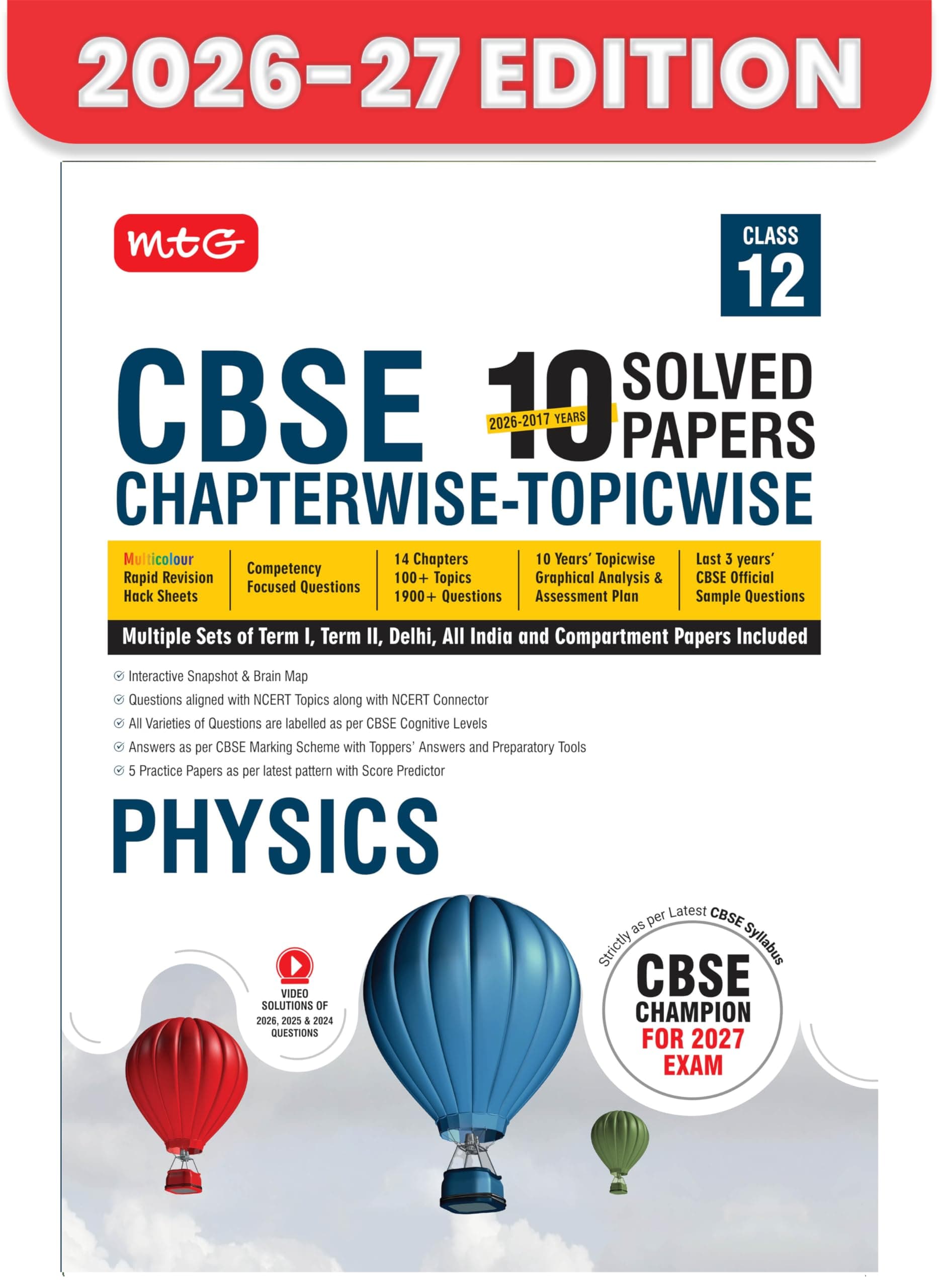 MTG CBSE Class 12 PYQs Book | 10 Years (2026-2017) Chapterwise Topicwise Solved Papers Class 12 Physics - CBSE Champion For 2027 Exam | Free Video ... | CBSE Sample Papers (As Per Latest Pattern)