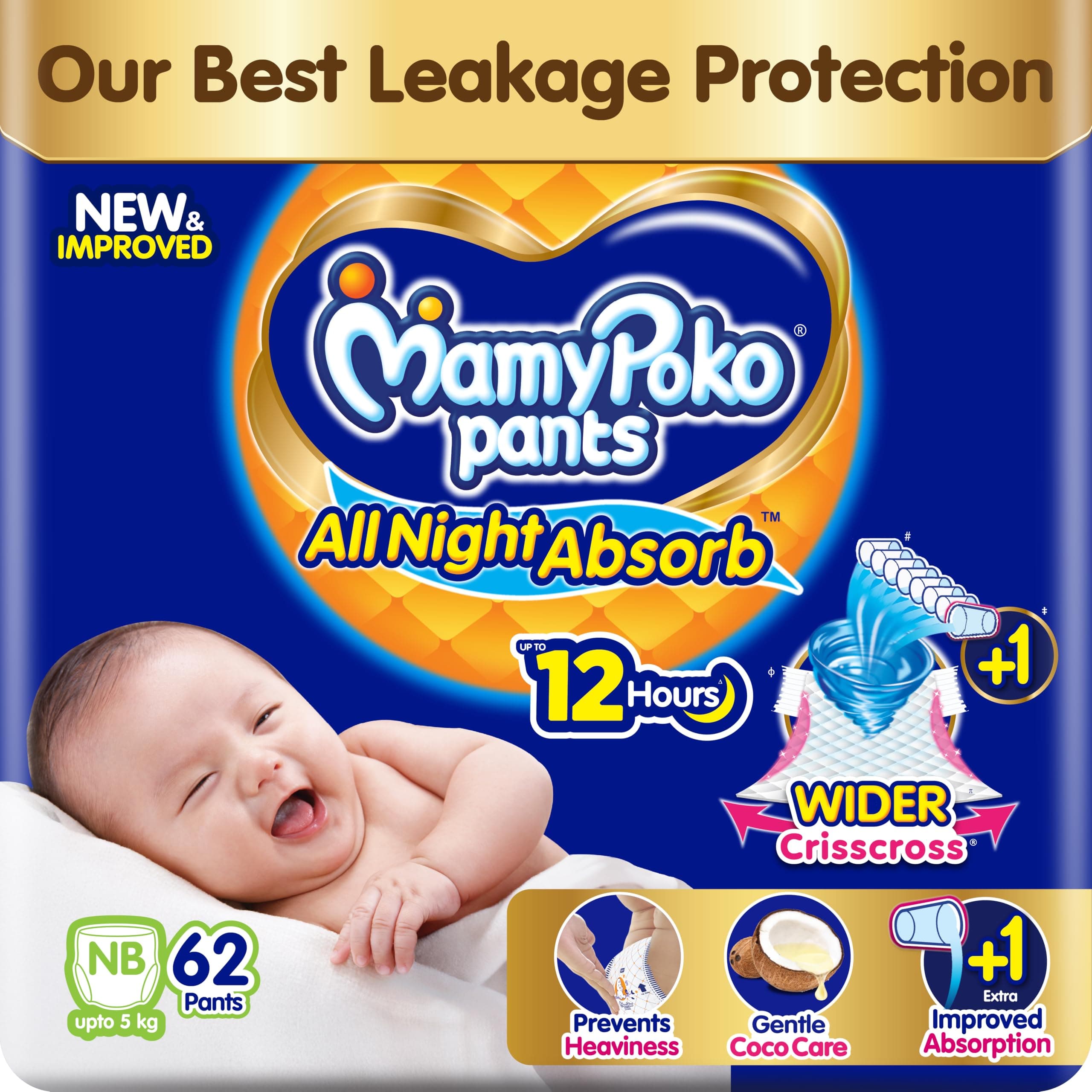 MamyPoko New Pants All Night Absorb|Pantstyle Baby Diapers New Born Size(XS), 62 Count,Ideal for upto 5Kgs|1 Diaper=Upto All Night Absorption now with increased power of +1glass|Wider Crisscross Sheet