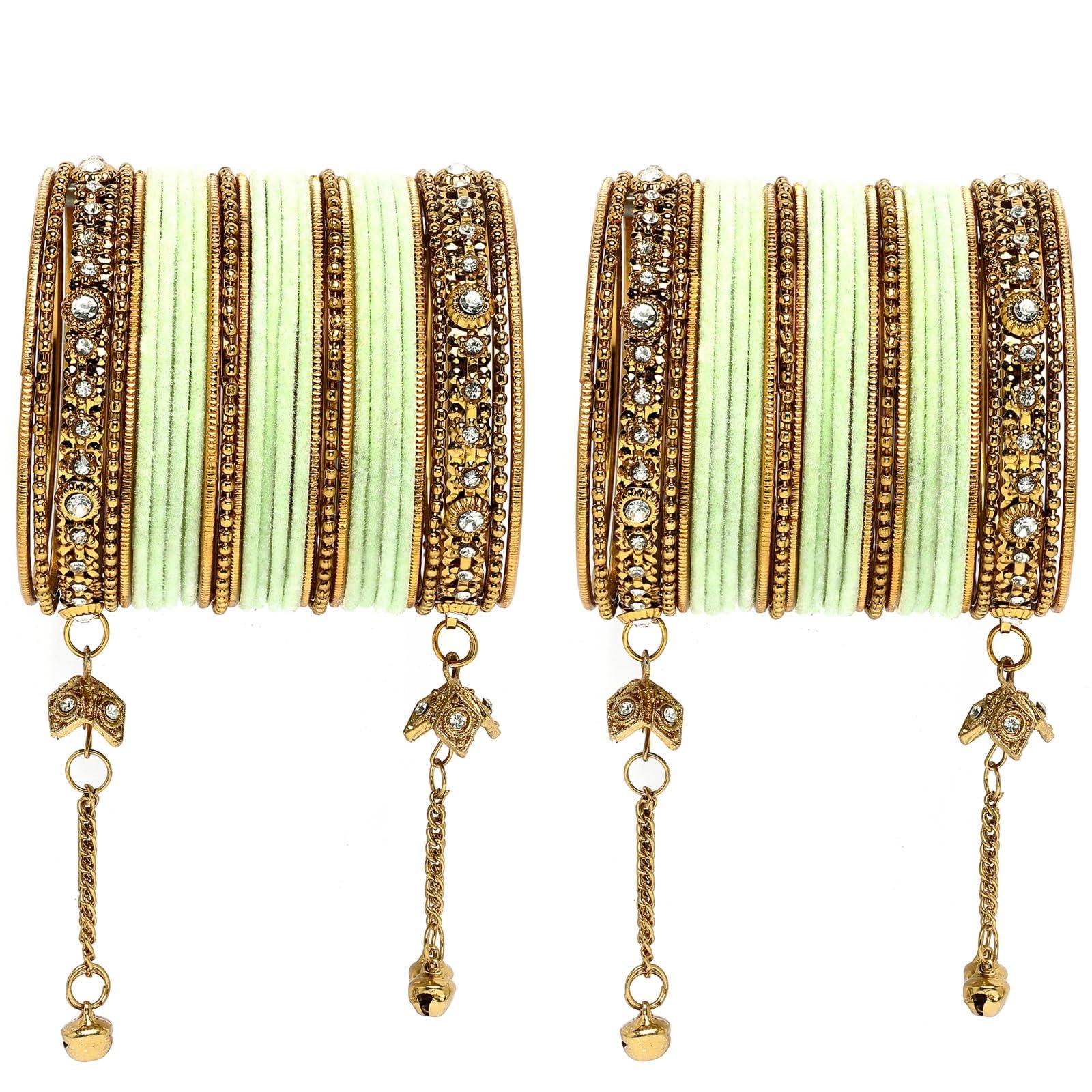 ZENEME Gold-Plated Matte Finish Velvet Cubic Zirconia Studded Tasselled Bangles Set Of 56 For Girls And Women|Combo Set (Pastel Green, 2.6)