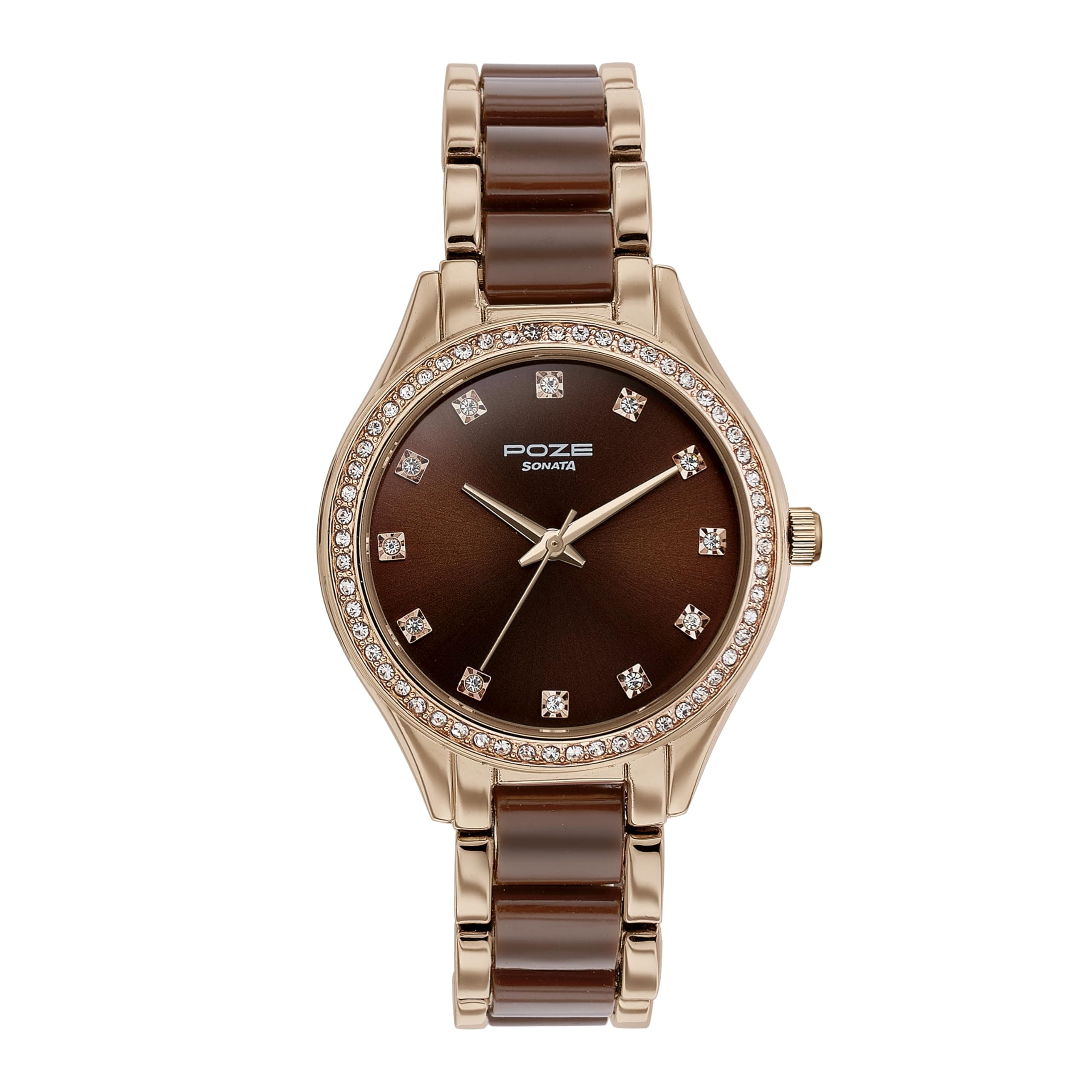 Sonata Poze Quartz Analog Brown Dial Two Toned Rose Gold Metal & Brown Plastic Strap Watch for Women - SP80054KD02W