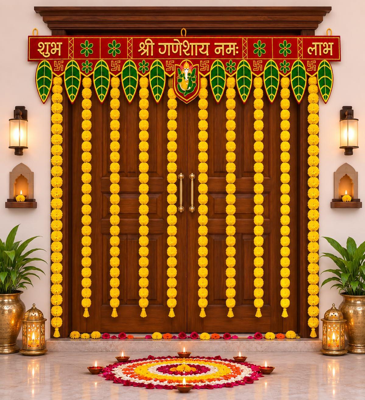 Pop The Party Shree Ganeshay Namah Shubh Labh Door Toran with Marigold Flower Hanging Strings | Ganpati Decorative Toran for Main Door, Entrance, Home, Pooja & Festival Decoration Items Set of 11 Pcs