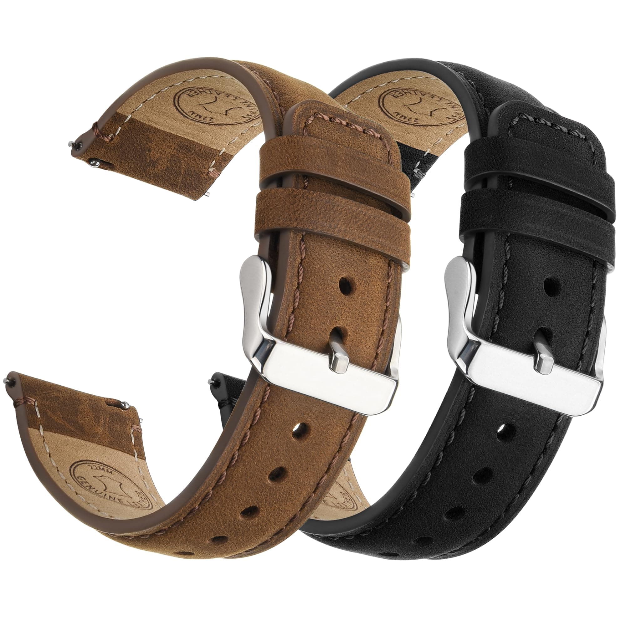 Fullmosa 2 Pack 22mm Leather Watch Bands Quick Release Watch Strap for Men Women, Soft Replacement Strap Wristband with Stainless Steel Buckle,22mm Saddle Brown&Silver/Black&Silver
