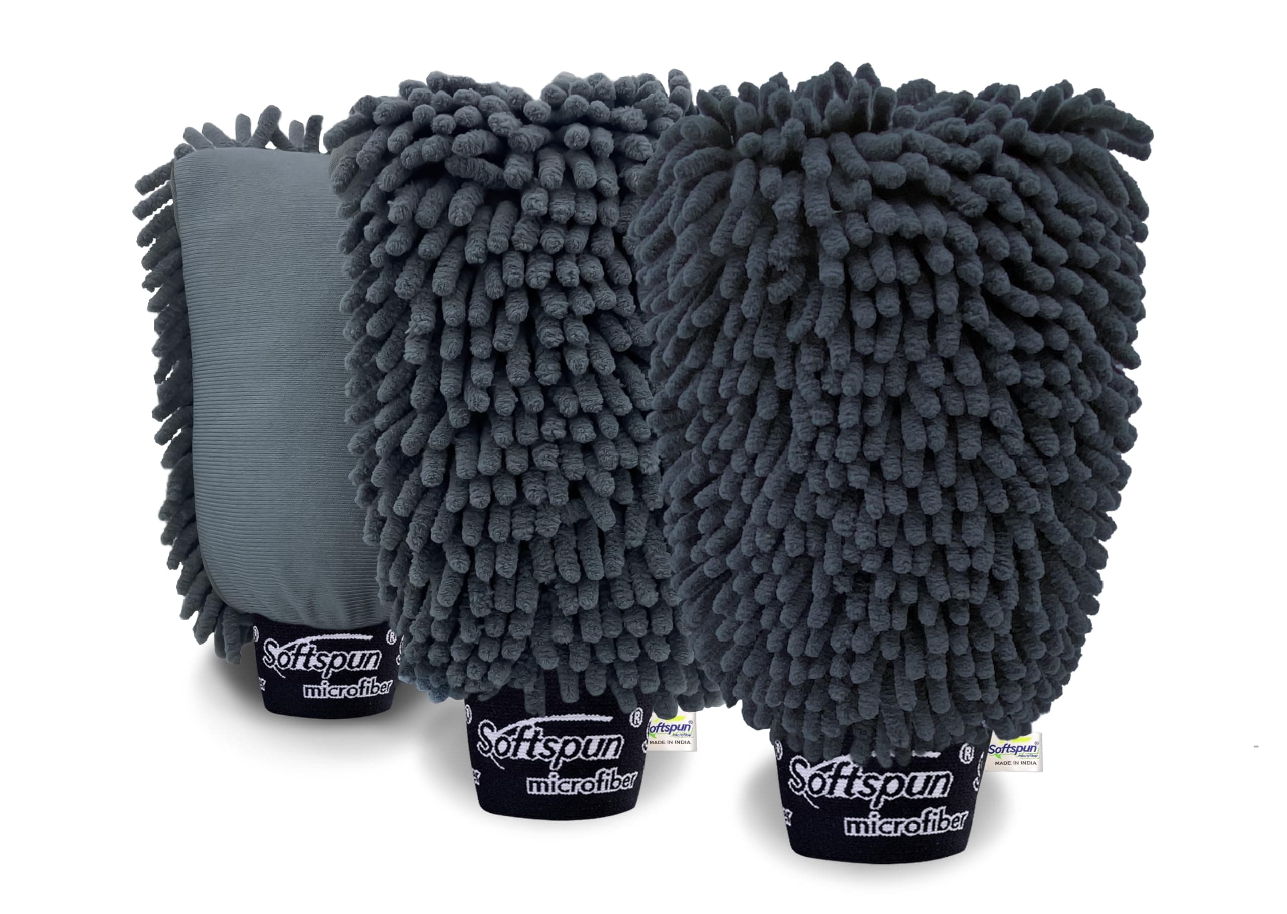SOFTSPUN Microfiber Chenille & Glass Cloth Mitt, 3 Piece Combo 1700 GSM Grey, Multi-Purpose Super Absorbent and Perfect Wash Clean with Lint-Scratch Free Cars Home Dusting