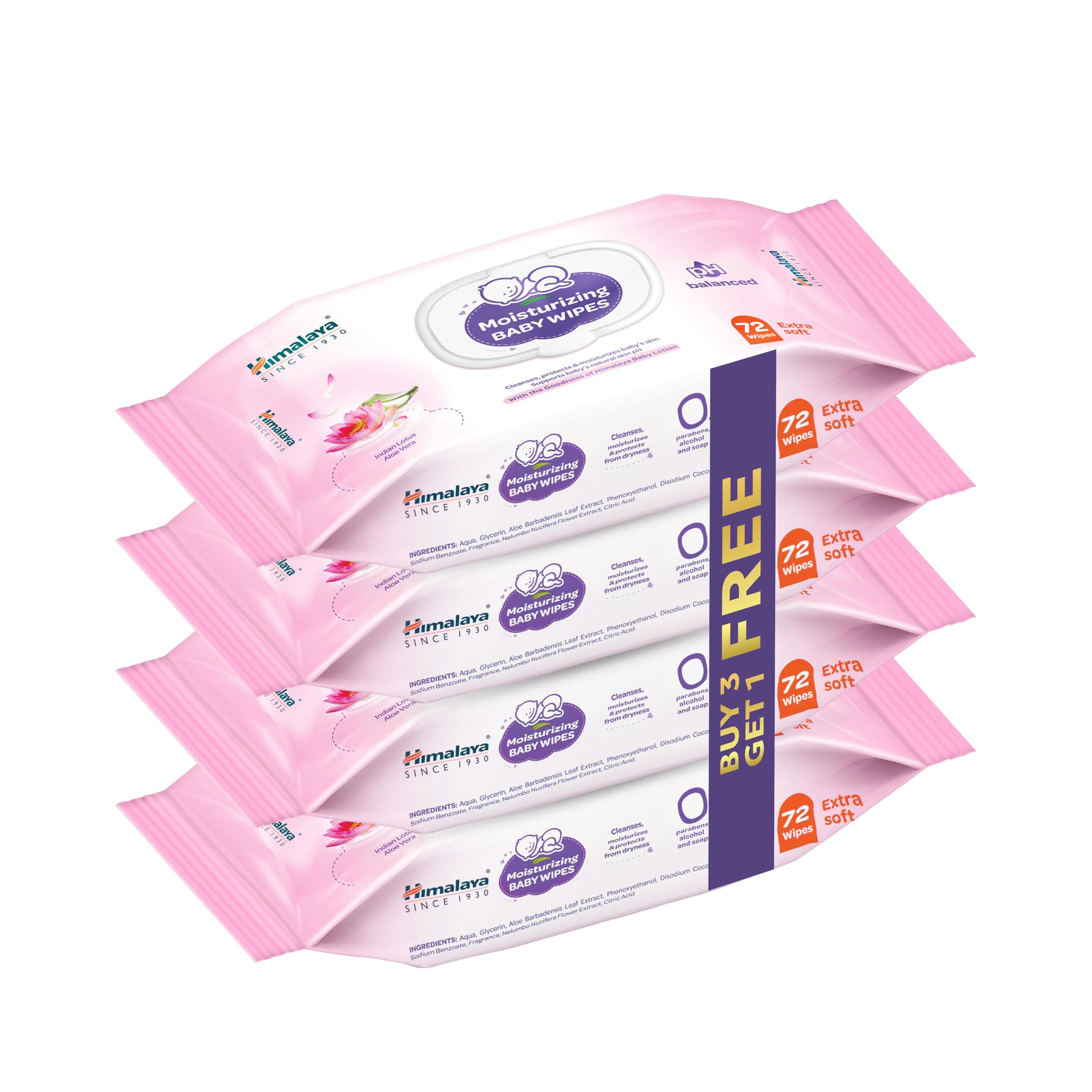 Himalaya Moisturizing Baby Wipes with Lid | 72 Wipes x B3 G1 Free - 288 Wipes| With Indian Lotus & Aloe Vera | Protects baby's skin from Dryness |