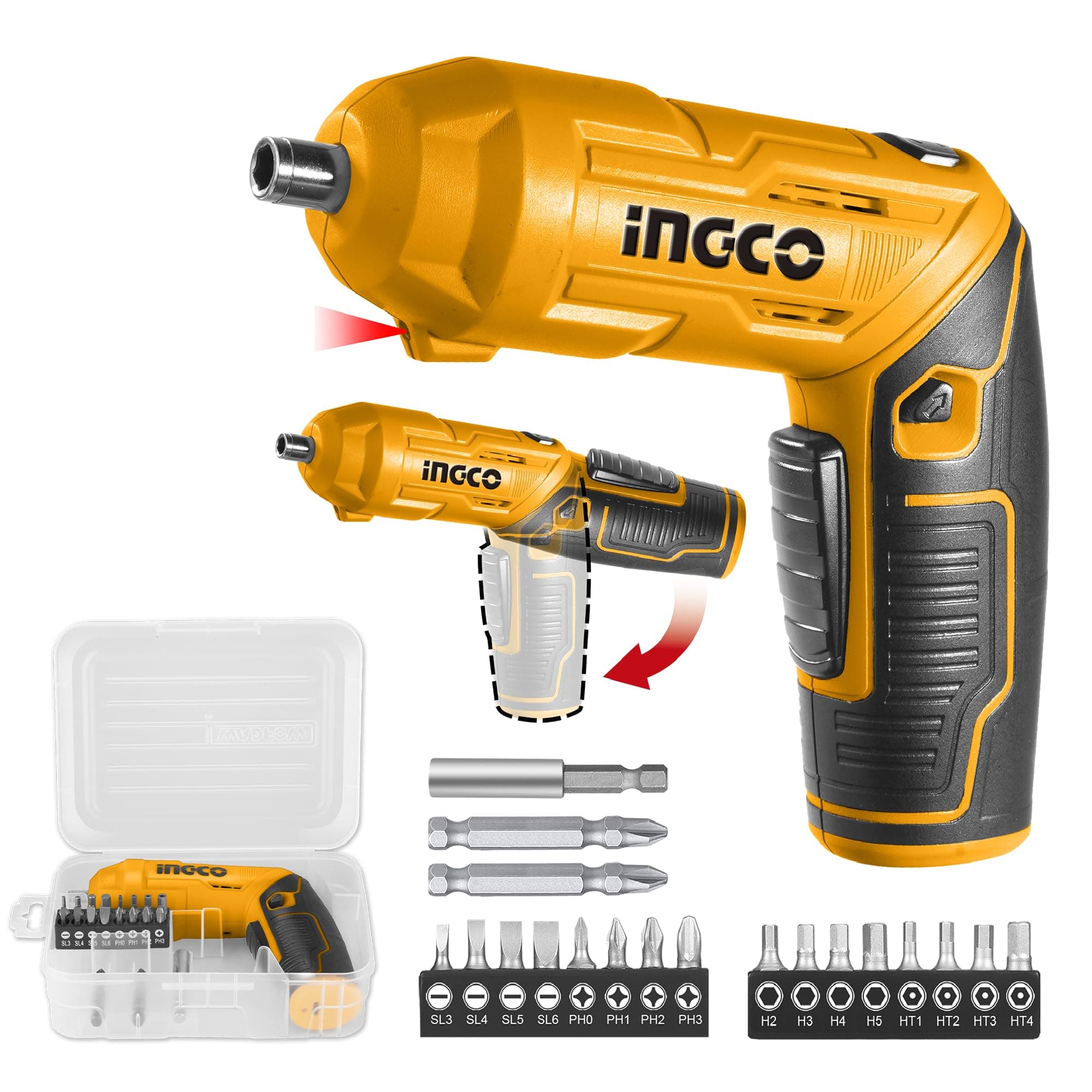 INGCO 4V Electric Cordless Screwdriver, Rechargeable Power Drill Driver Set, 4 N.m Max Torque, 240RPM, With Tool Box