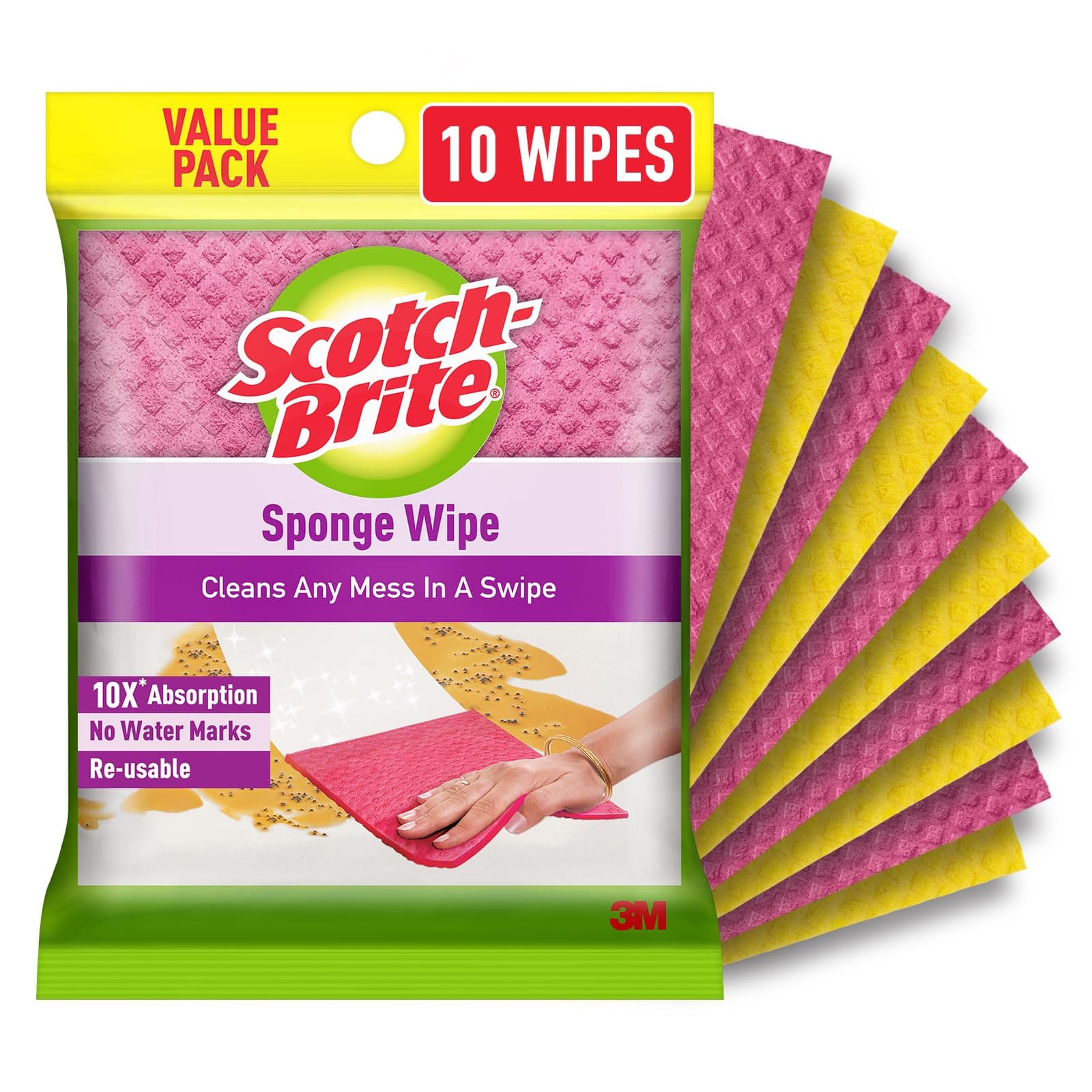 Scotch-Brite Sponge Wipes- Reusable, Kitchen and House Cleaning- Easy to use, Cleans any mess in a swipe, Absorbs water its own 10x weight, Multi- color, Biodegradable (pack of 10)