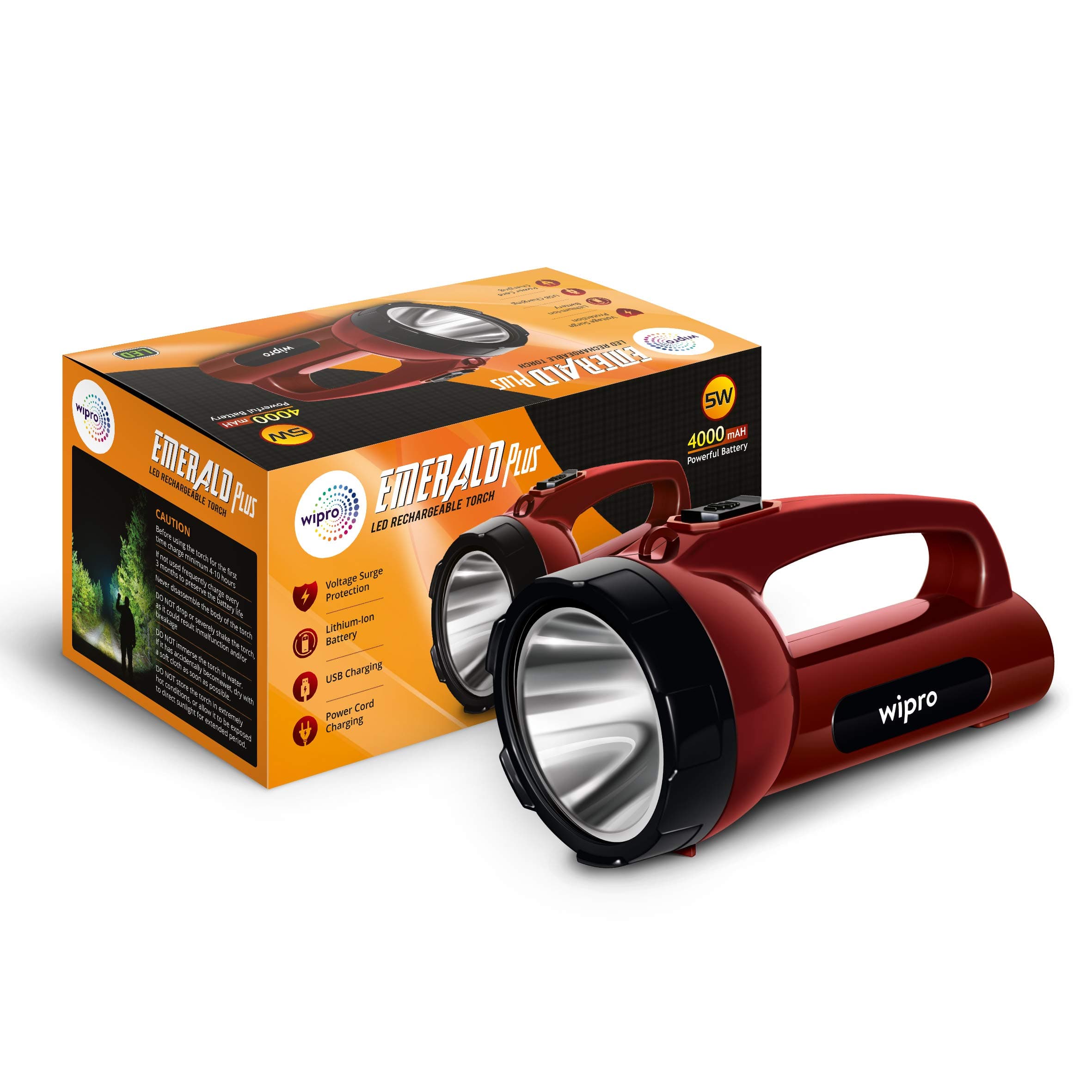 Wipro Emerald Plus Rechargable Torch| 4000 mAh Battery | 16 Hrs Back Up | Bright Output with 5w LED Light | Long Range LED Torch for Outdoor activities, Home |USB & Power Cord Charging | Pack 1