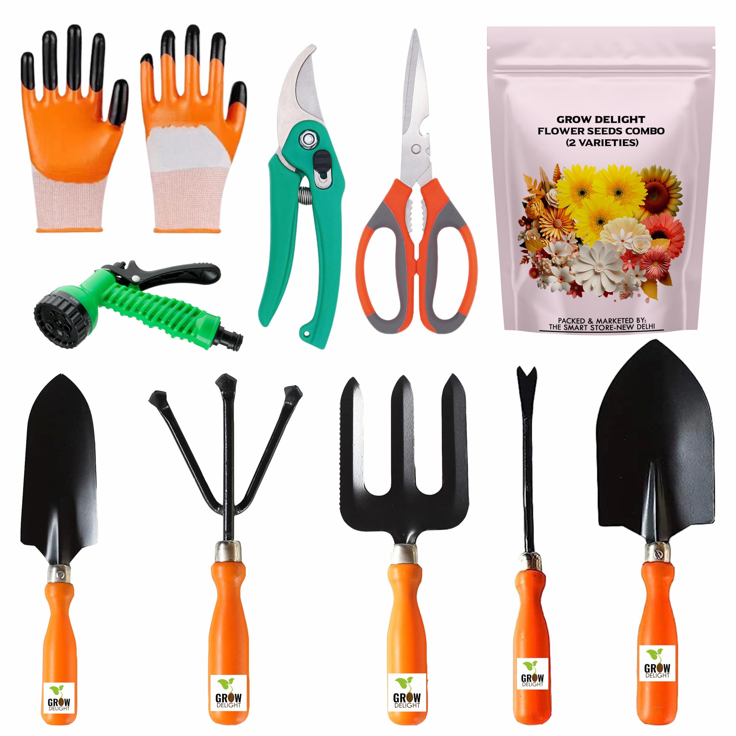 GROW DELIGHT Gardening Tools Kit-10 Pcs (Fork, Cultivator, Big Trowel, Small Trowel, Weeder, Scissors, Pruner Cutter, Water Gun, Garden Gloves, Flower Seeds Packet)|Home Gardening Tool Set