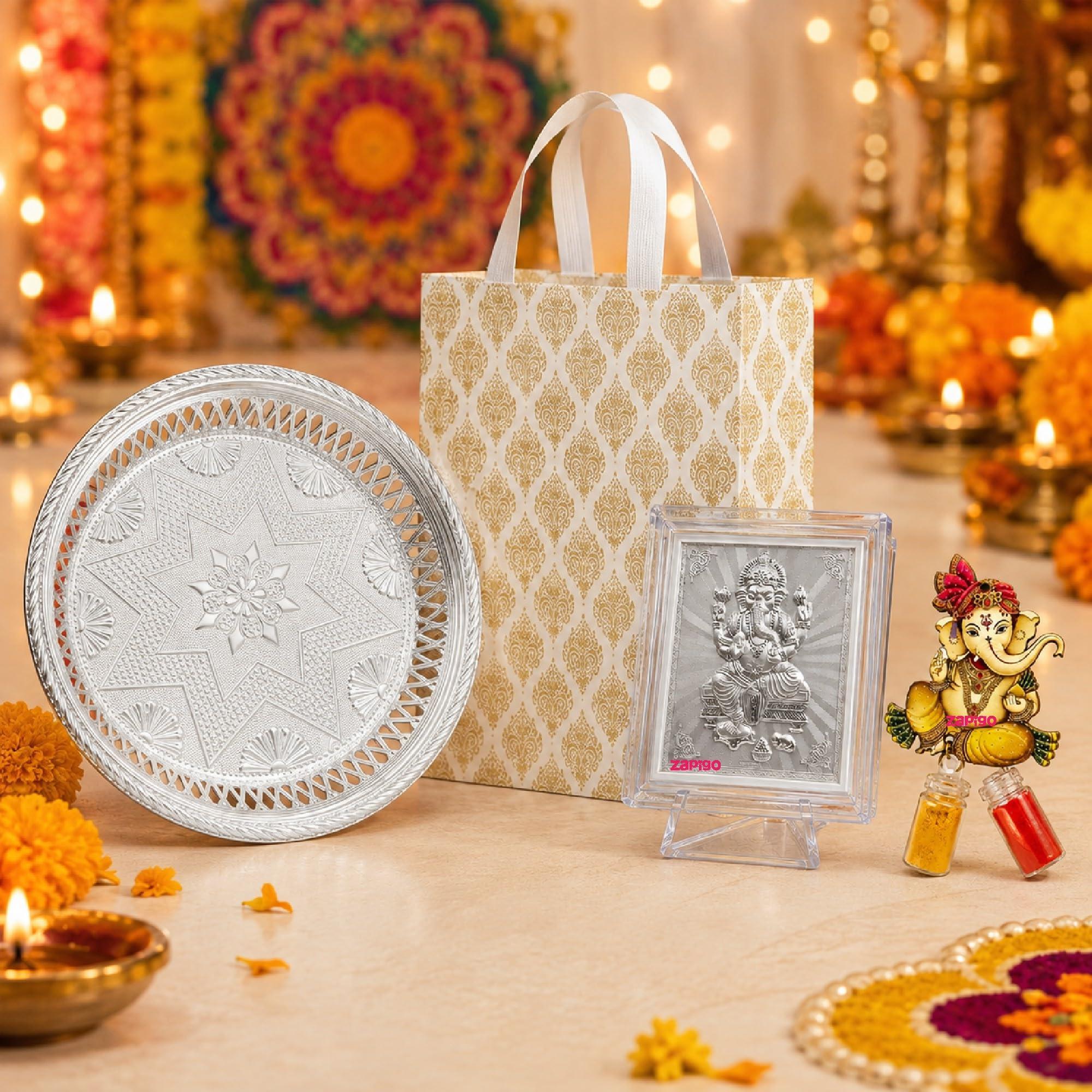 Habba Ganesha Frame Pooja Return Gift Combo with Ganesha Kumkum, Silver Plate & Festive Bag, Traditional Haldi Kumkum Tambulam Hamper for Ganesh Chaturthi, Weddings & Festivals, Pack of 5