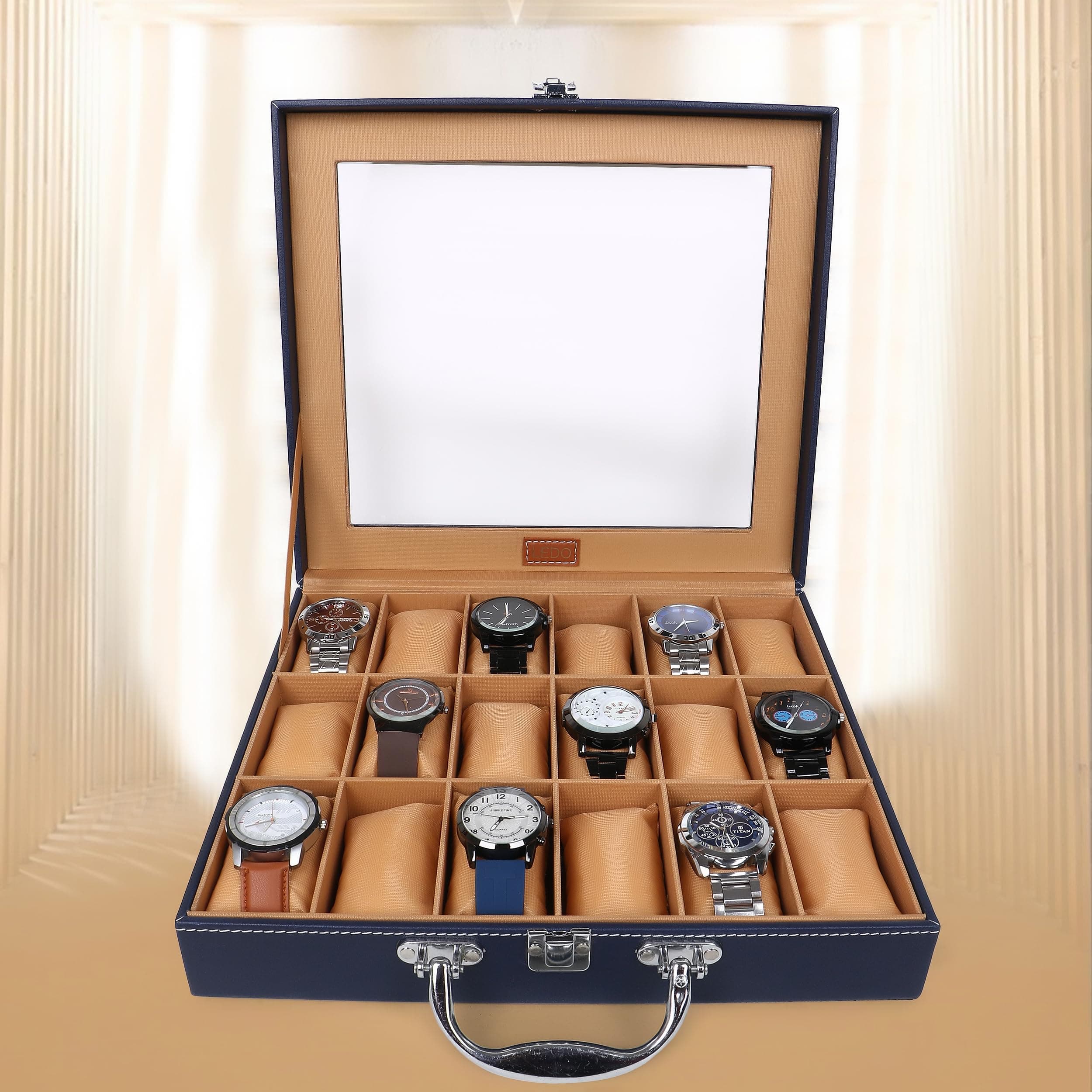 LEDO Luxury Watch Box Organizer with 18 Slots, PU Leather Case, Transparent Display, Blue and Cream Interior, Metal Clasp Lock, Rectangular, Modern Classic Style
