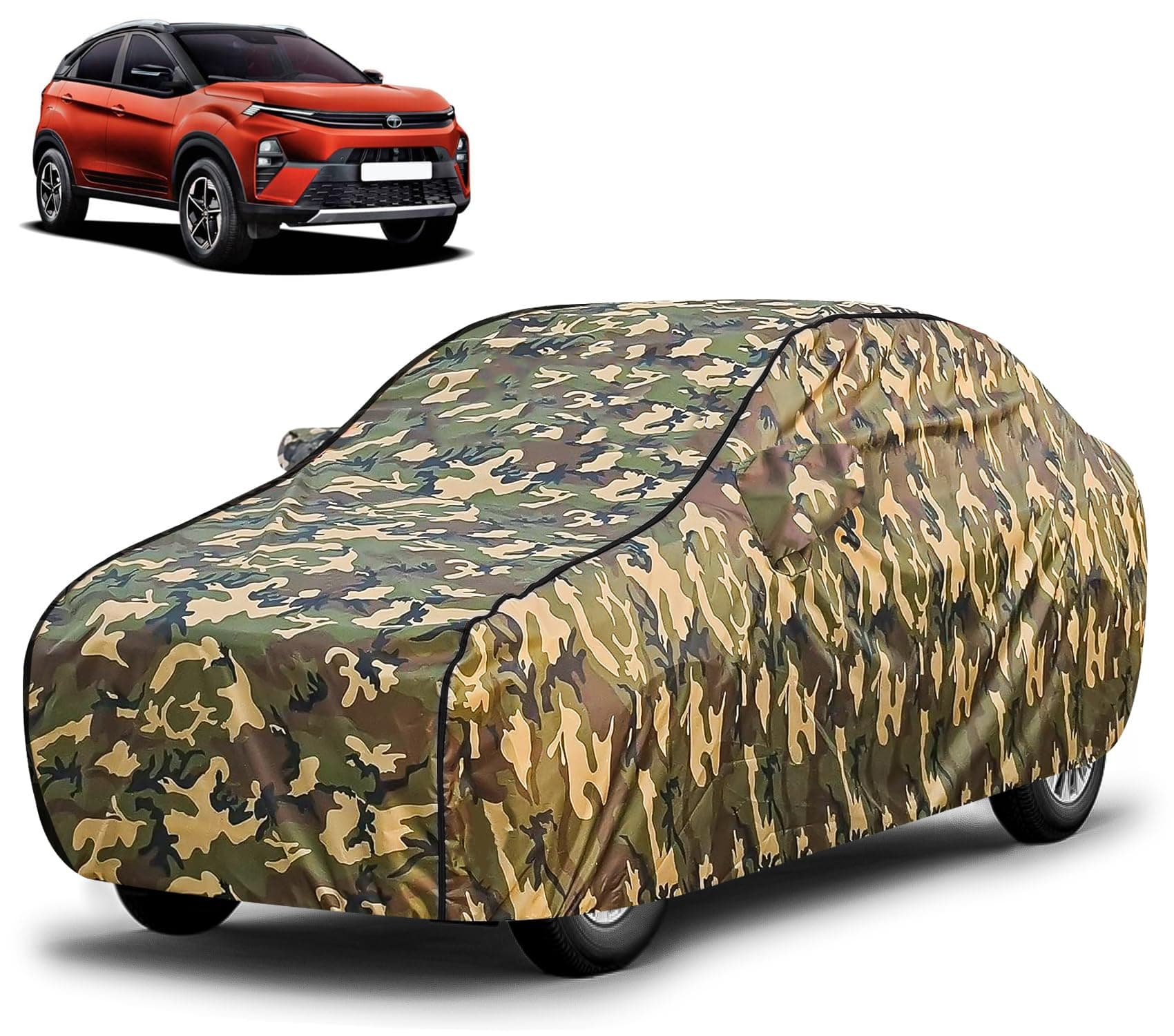 FABTEC Waterproof Car Body Cover for Tata Nexon New with Mirror Pocket, Triple Stitched (Military, Jungle Print, Camouflage Design)