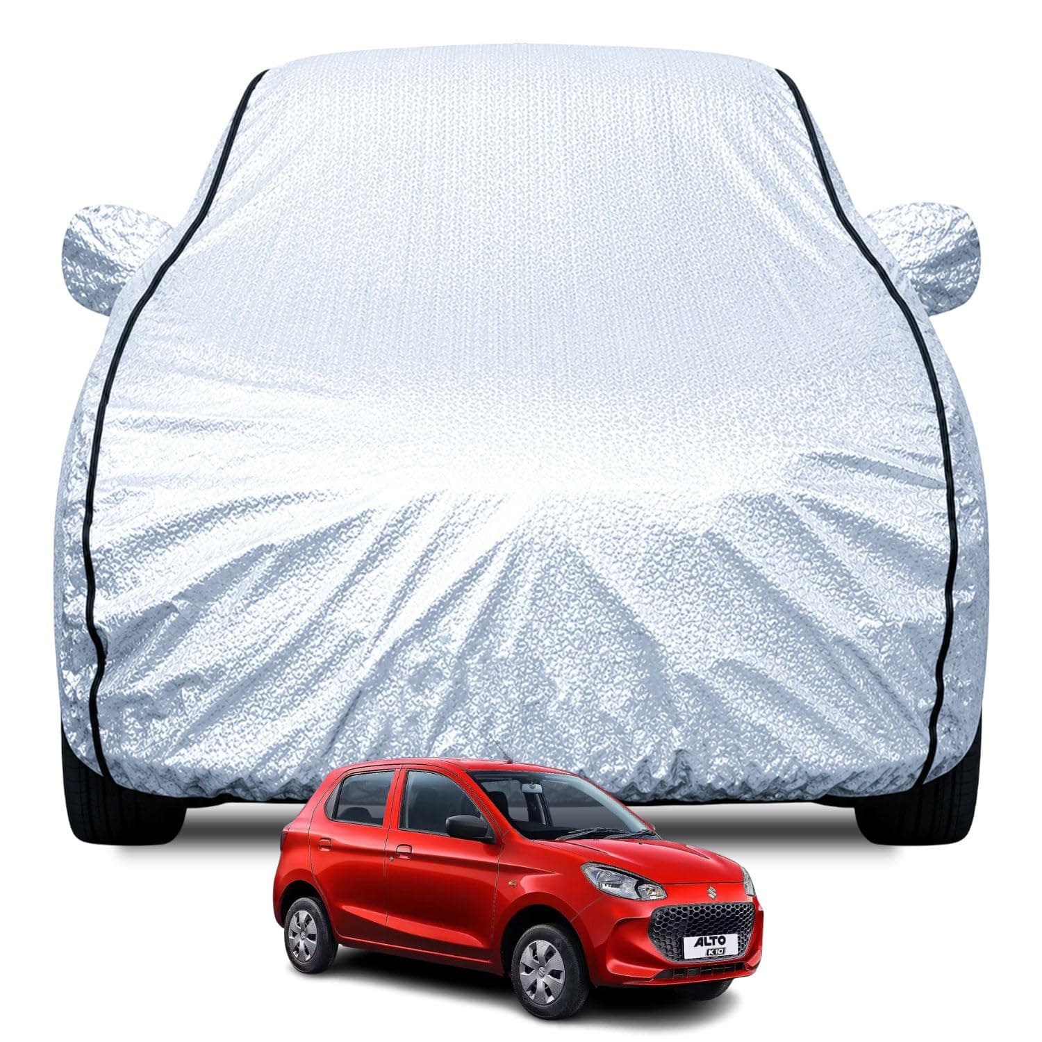 FABTEC Waterproof Car Body Cover for Maruti Alto K10 Old with Mirror Pocket, Soft Cotton Lining, Triple Stitched (Heat Resistant Metallic Silver with Black Piping)
