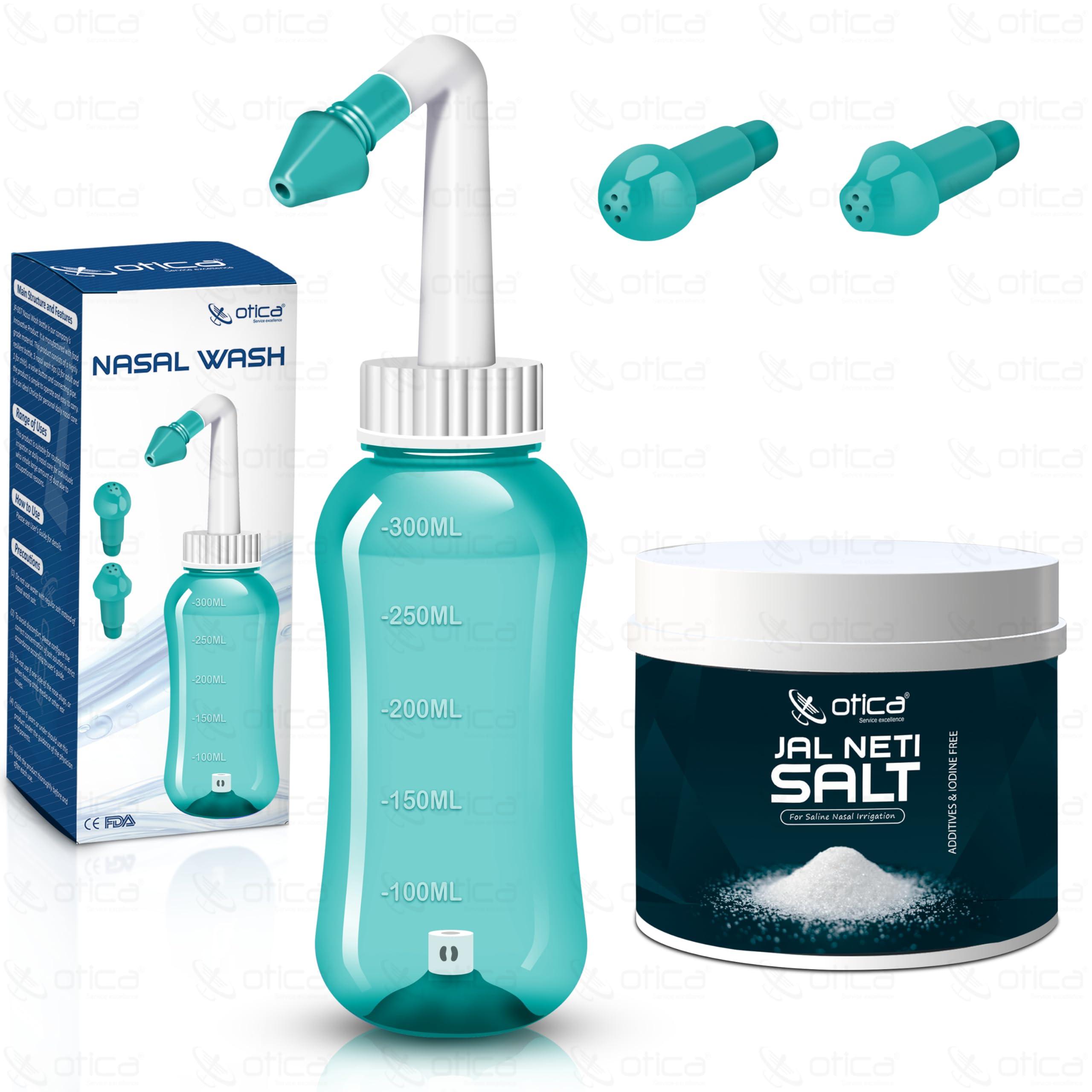 OTICA 300ml Jal Neti Pots Bottle for Sinus BPA Free Rinse Nose Yoga Pressure Cleaner Nasal Irrigation Wash Bottle System for Adult & Kid (Jal Neti Pot + 385g Salt Jar)