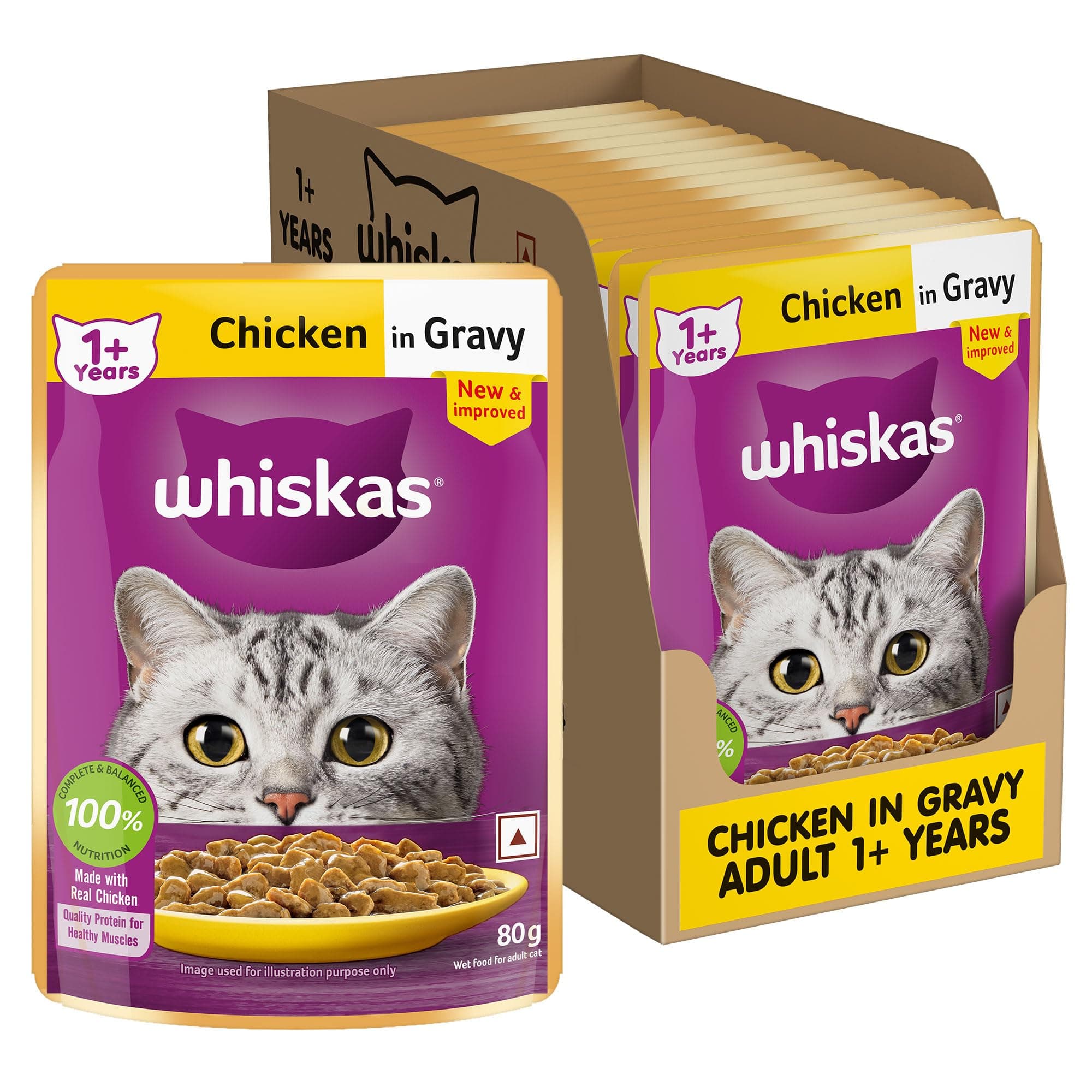 Whiskas Adult (1+ Years) Wet Cat Food, Chicken in Gravy, 80 g (Pack of 14), Hydrating Food Made With Real Chicken, 100% Complete & Balanced Nutrition for Adult Cats